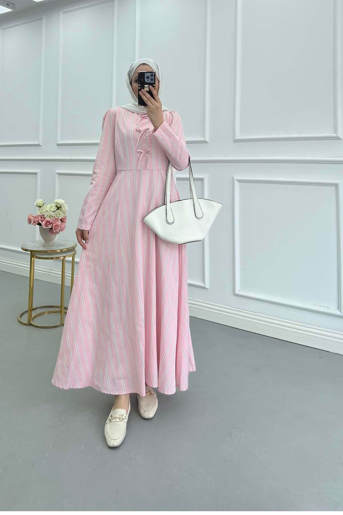 Fiyon Detaylı Çizgili Elbise Pembe