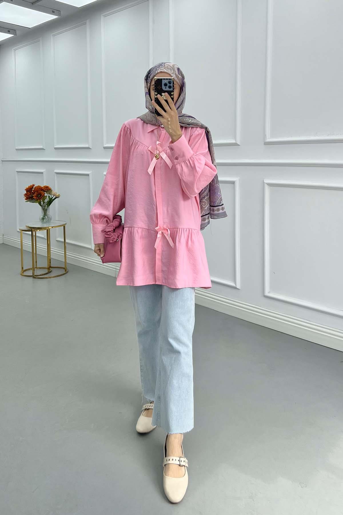 Fiyonk Detaylı Gabardin Gömlek Pembe