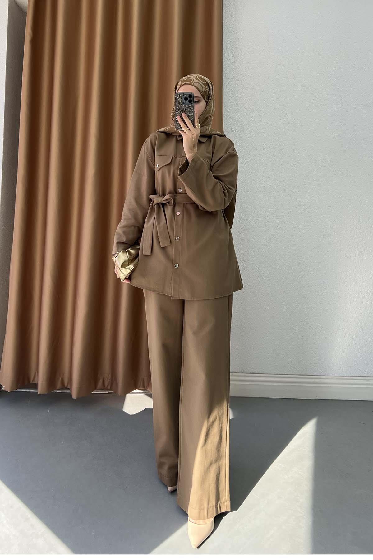 Gabardin Kumaş Çıt Çıtlı Safari Takım Taba