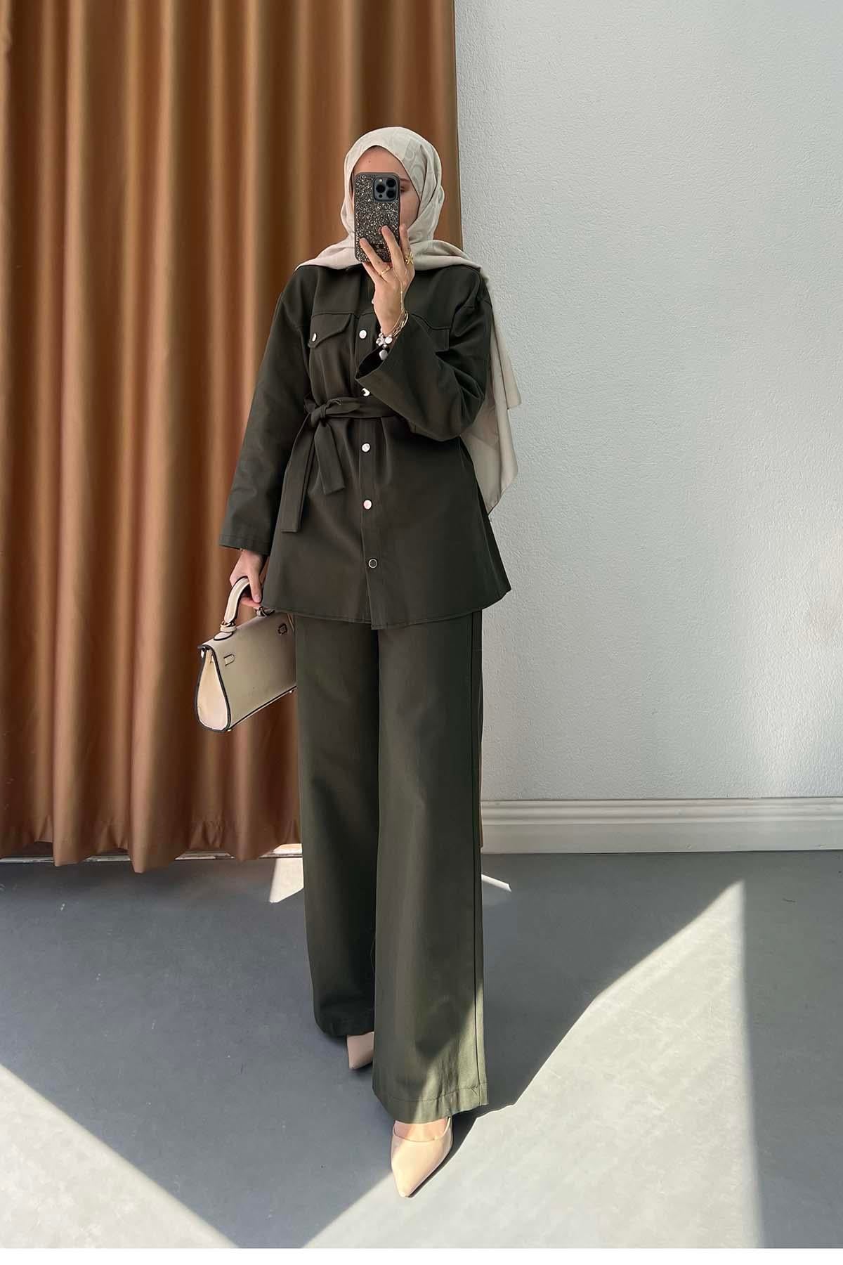 Gabardin Kumaş Çıt Çıtlı Safari Takım Haki