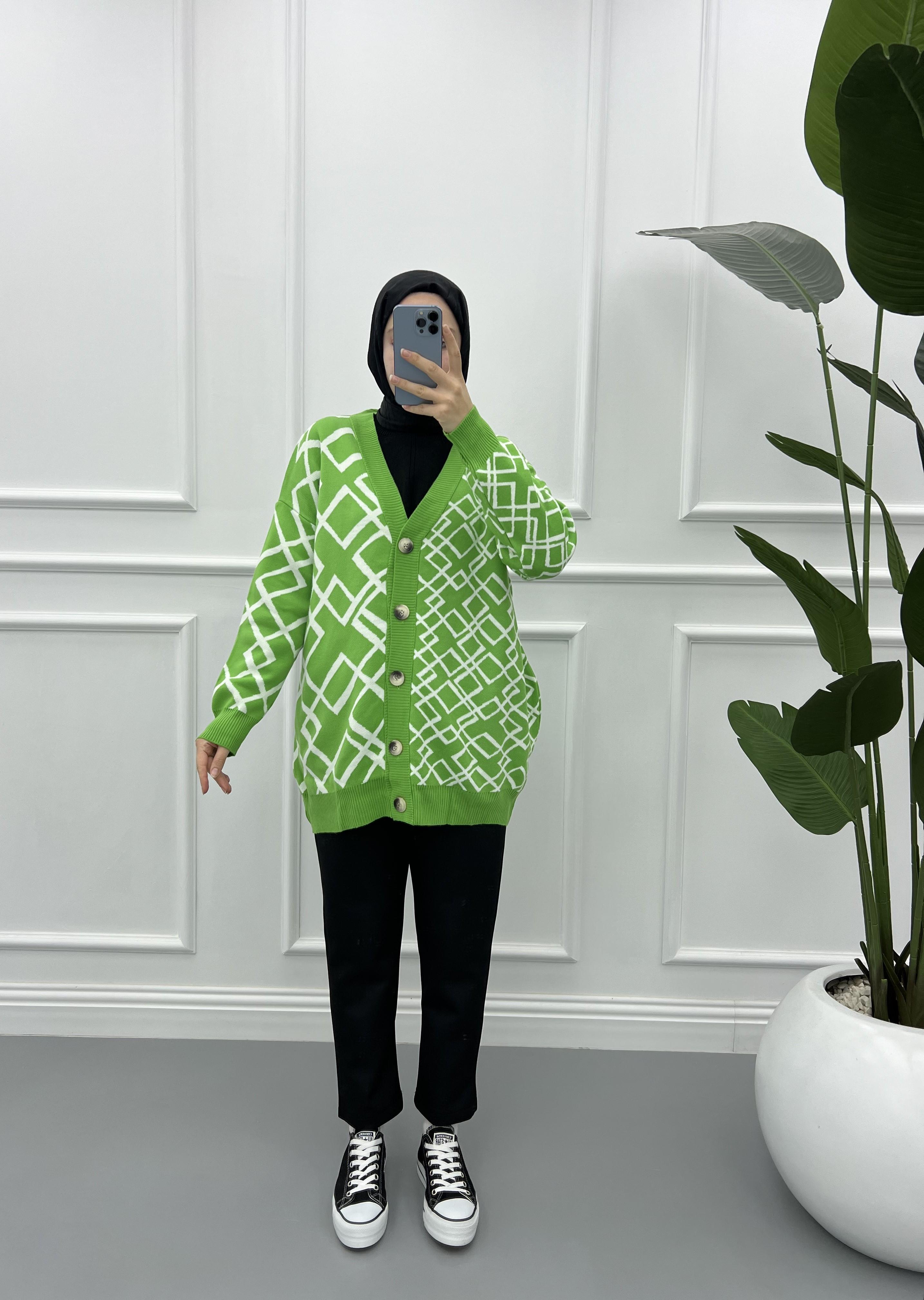 Geometrik Desen Triko Hırka Fıstık Yeşil