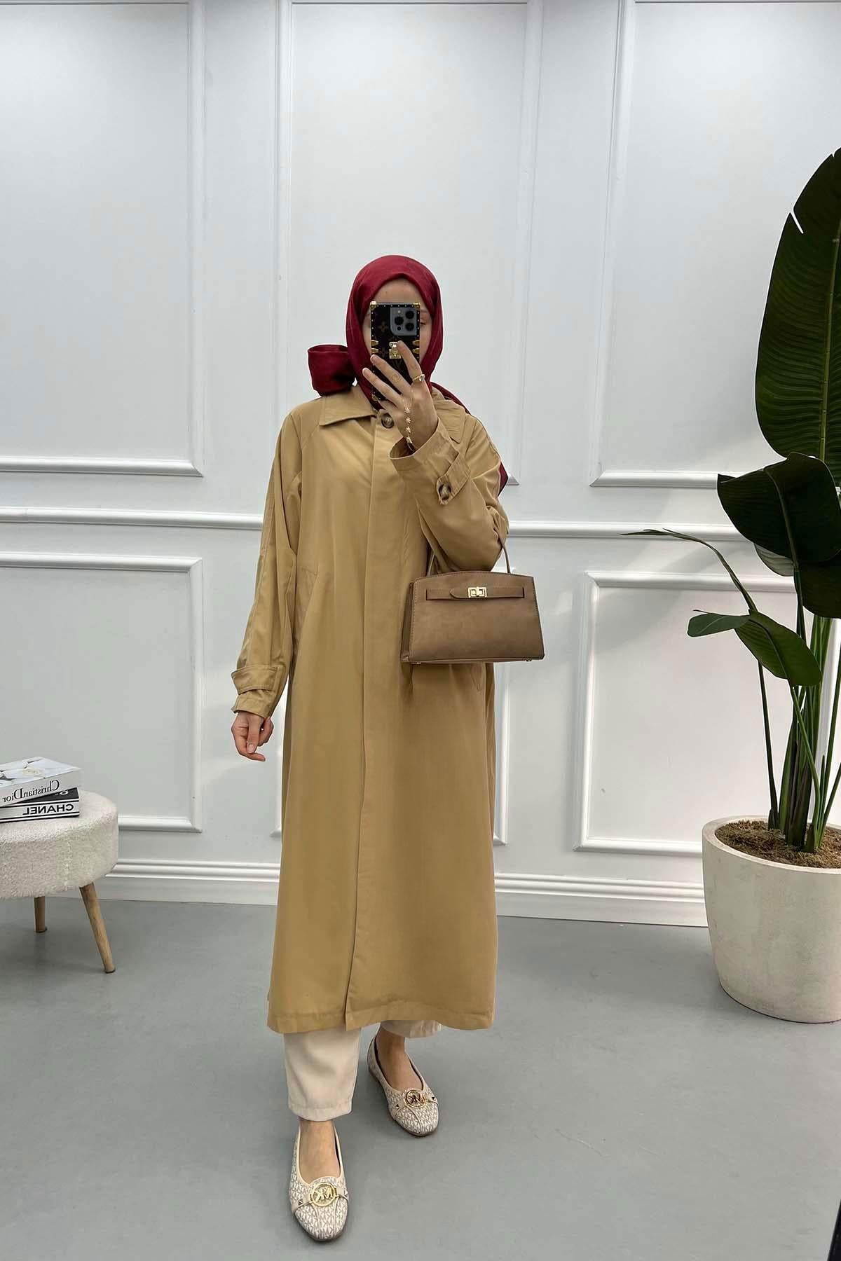 Gizli Düğme Kol Detaylı Trençkot Camel