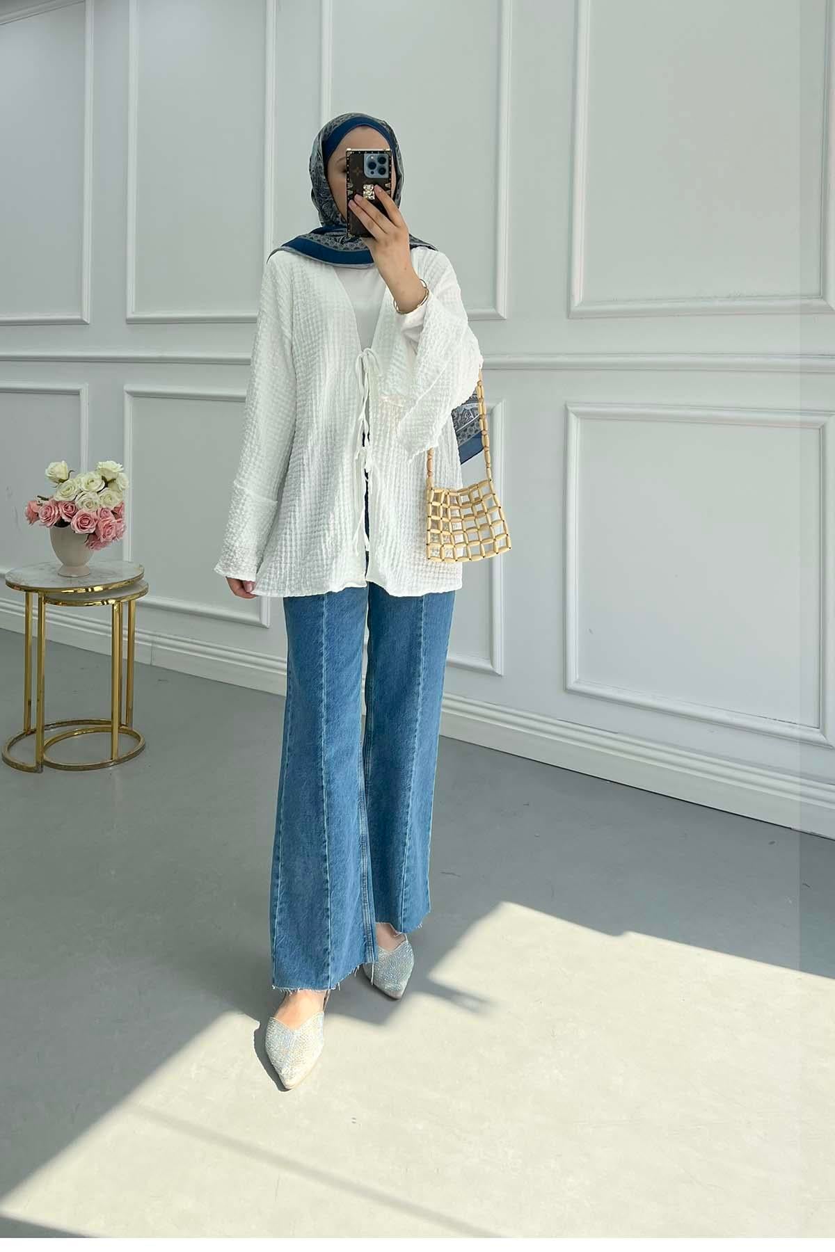 Gofre Desen Bağlamalı Kimono Beyaz