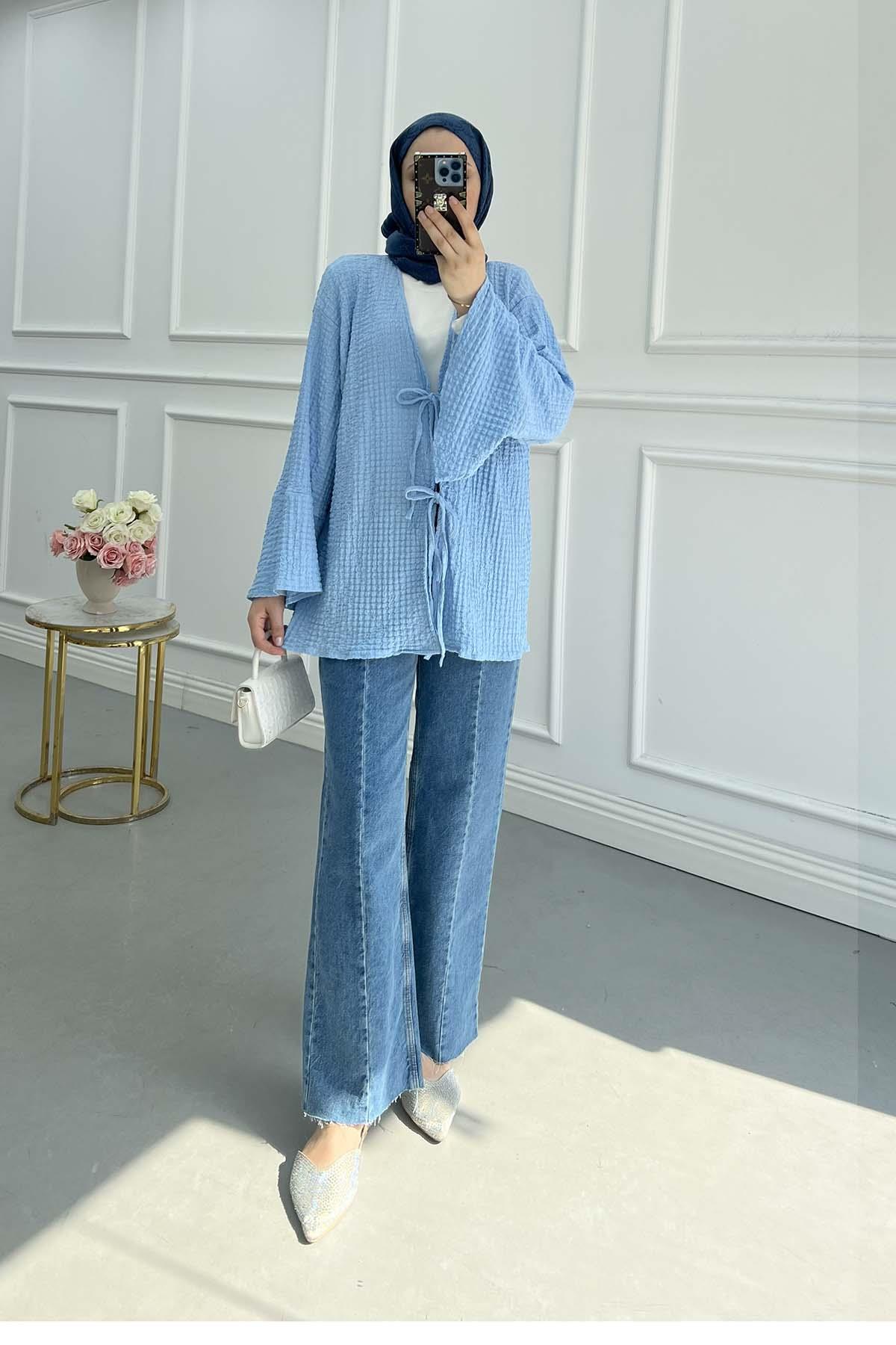 Gofre Desen Bağlamalı Kimono Mavi