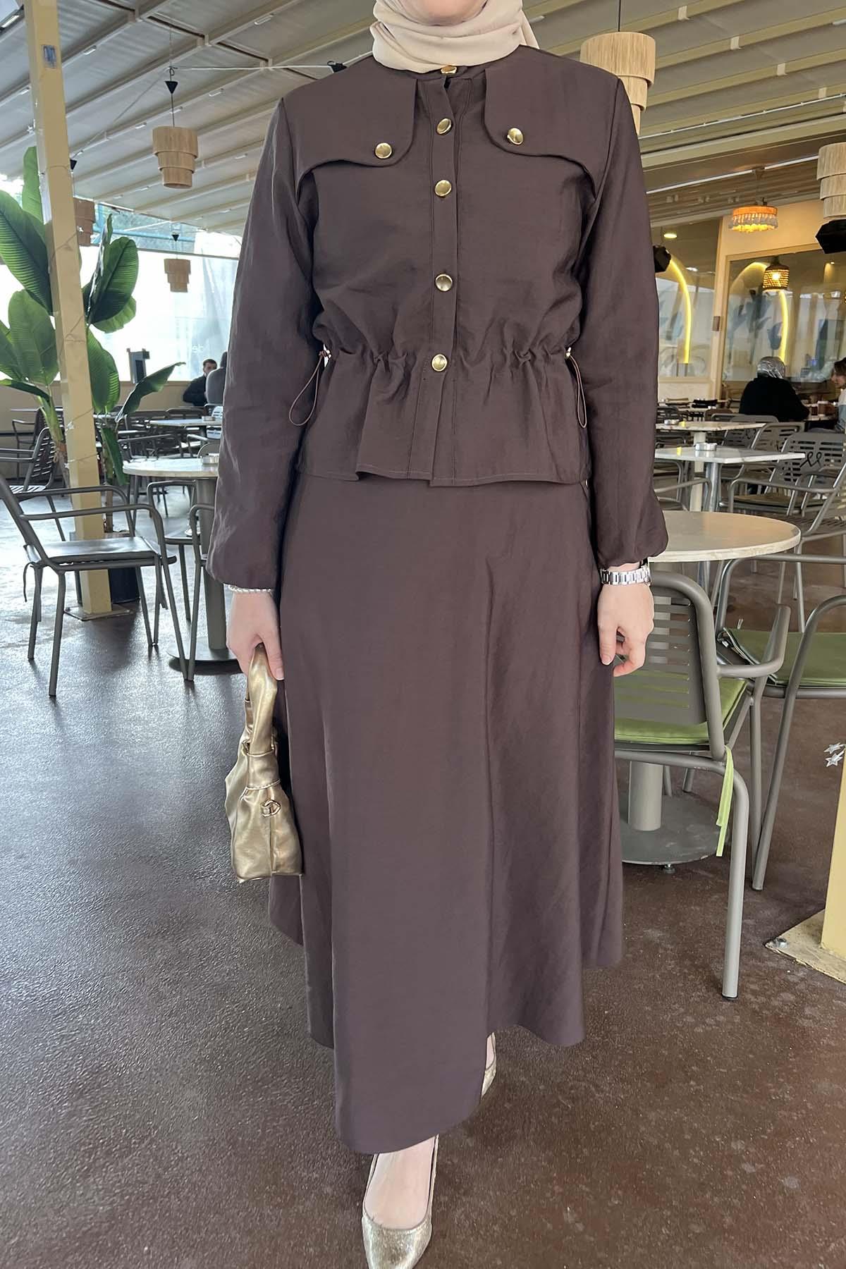Gold Düğmeli Bebe Yaka Mango Takım Kahve