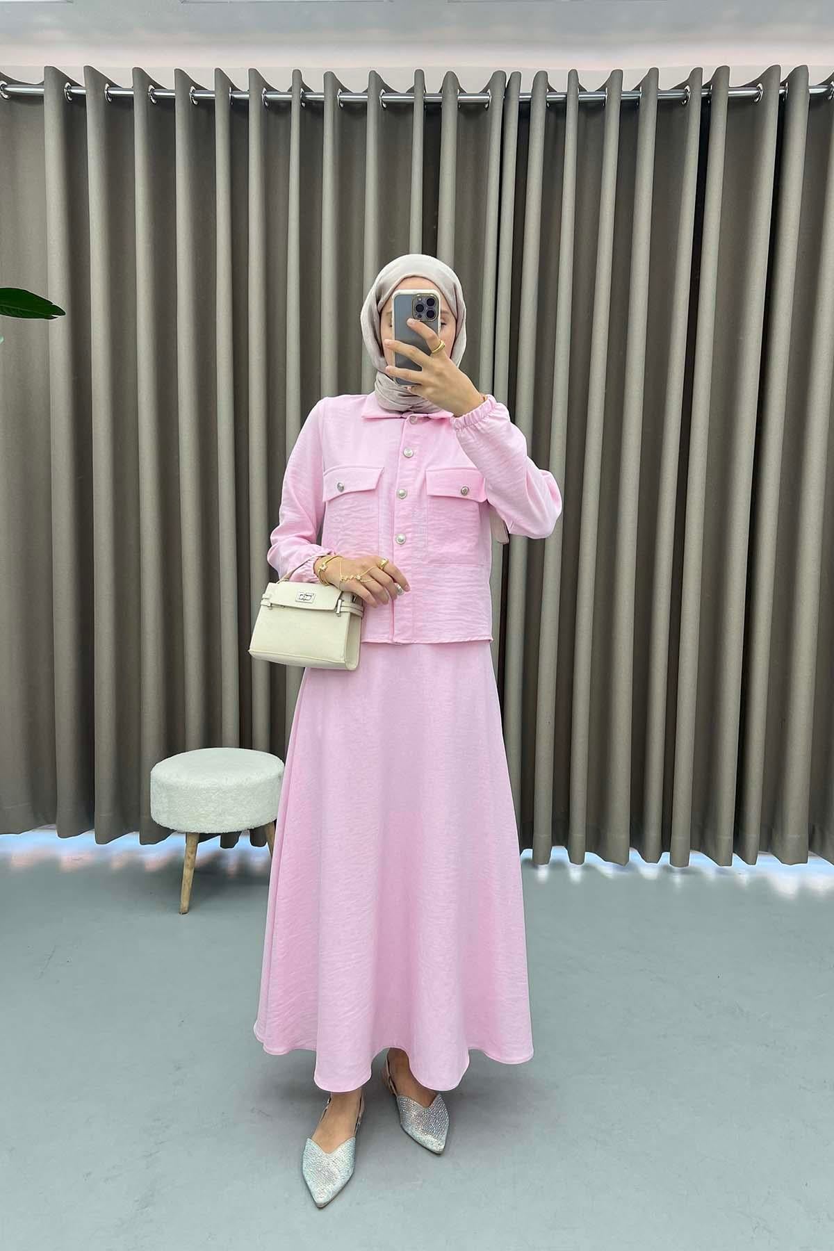 Gold Düğmeli Etek Takım Pembe