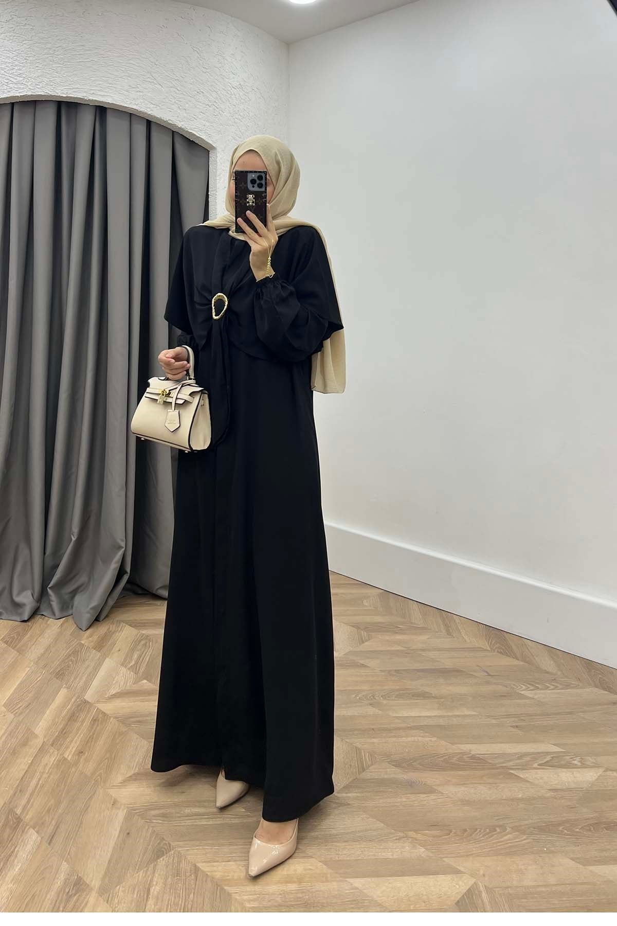Gold Toka Detaylı Ferace Siyah
