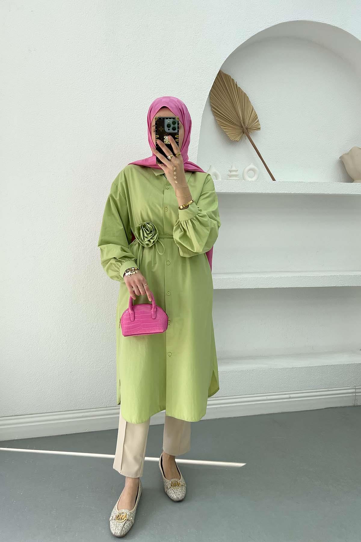 Gül Kuşaklı Poplin Tunik Soft Yeşil