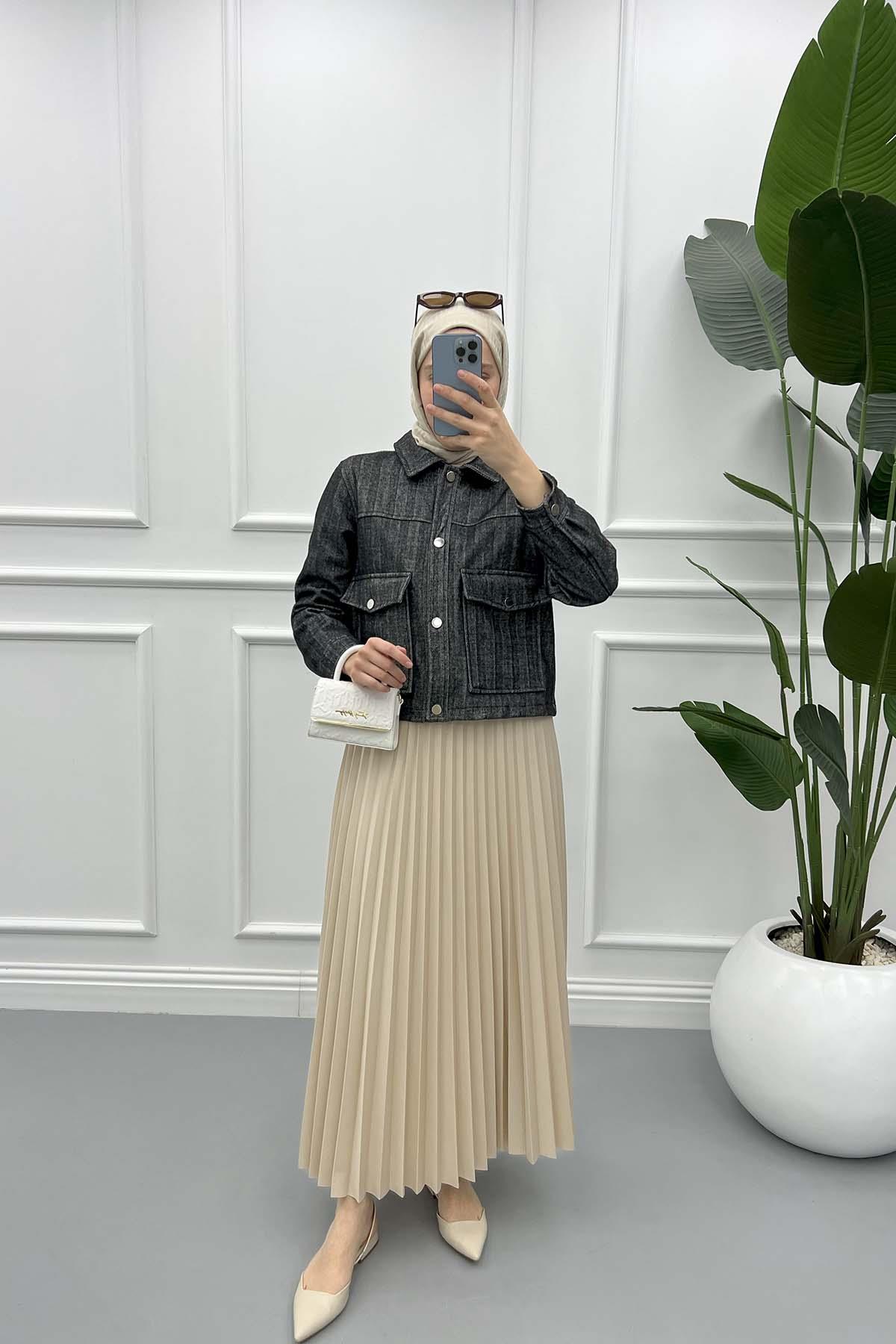İnce Çizgili Crop Ceket Siyah