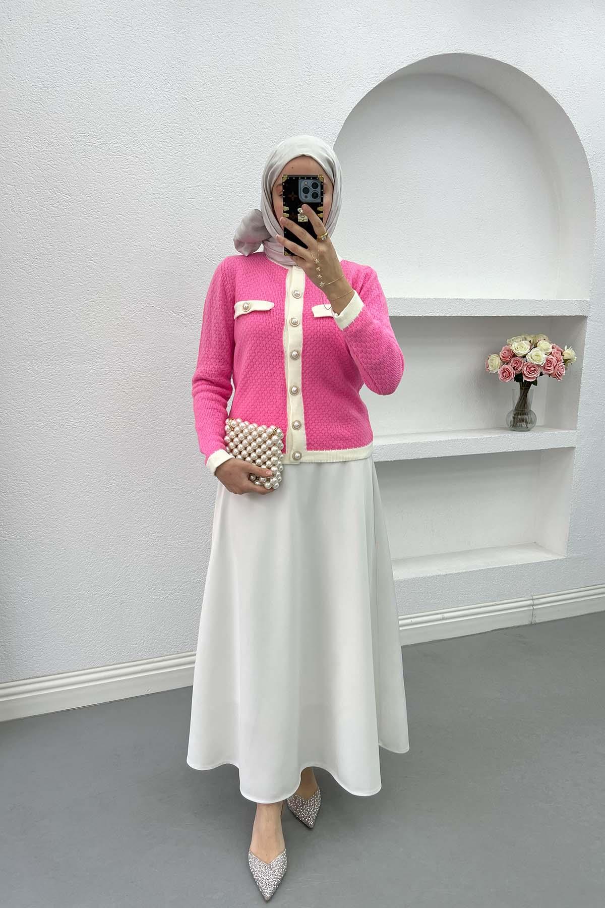 İnci Düğme Detaylı Hırka Pembe