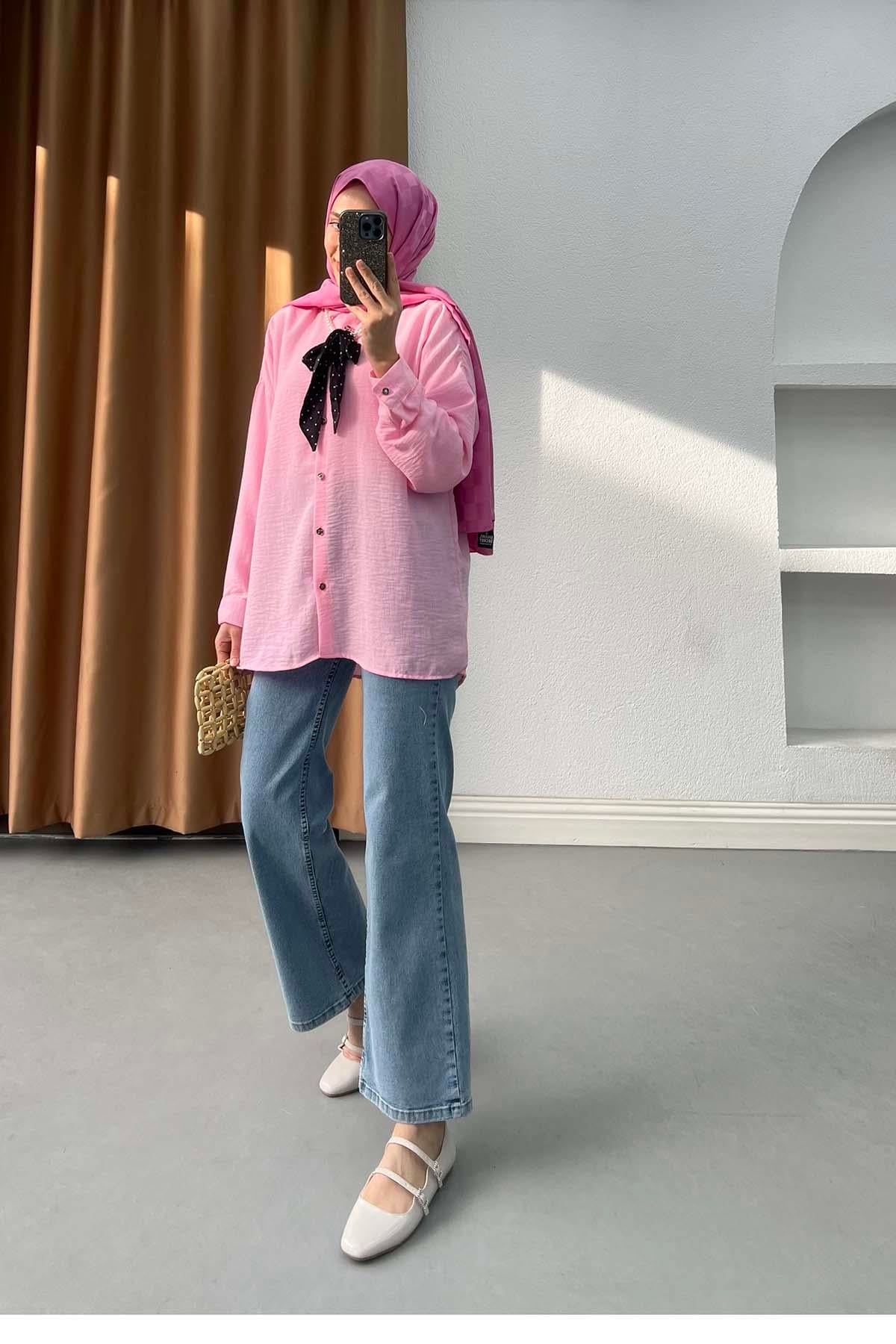 İncili ve Puantiye Fularlı Modern Keten Gömlek Pembe