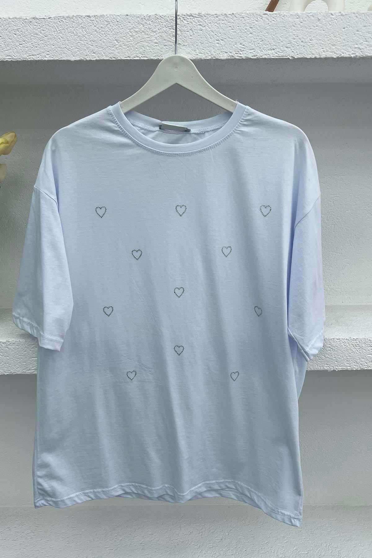 Kalp Taşlı T-Shirt Beyaz