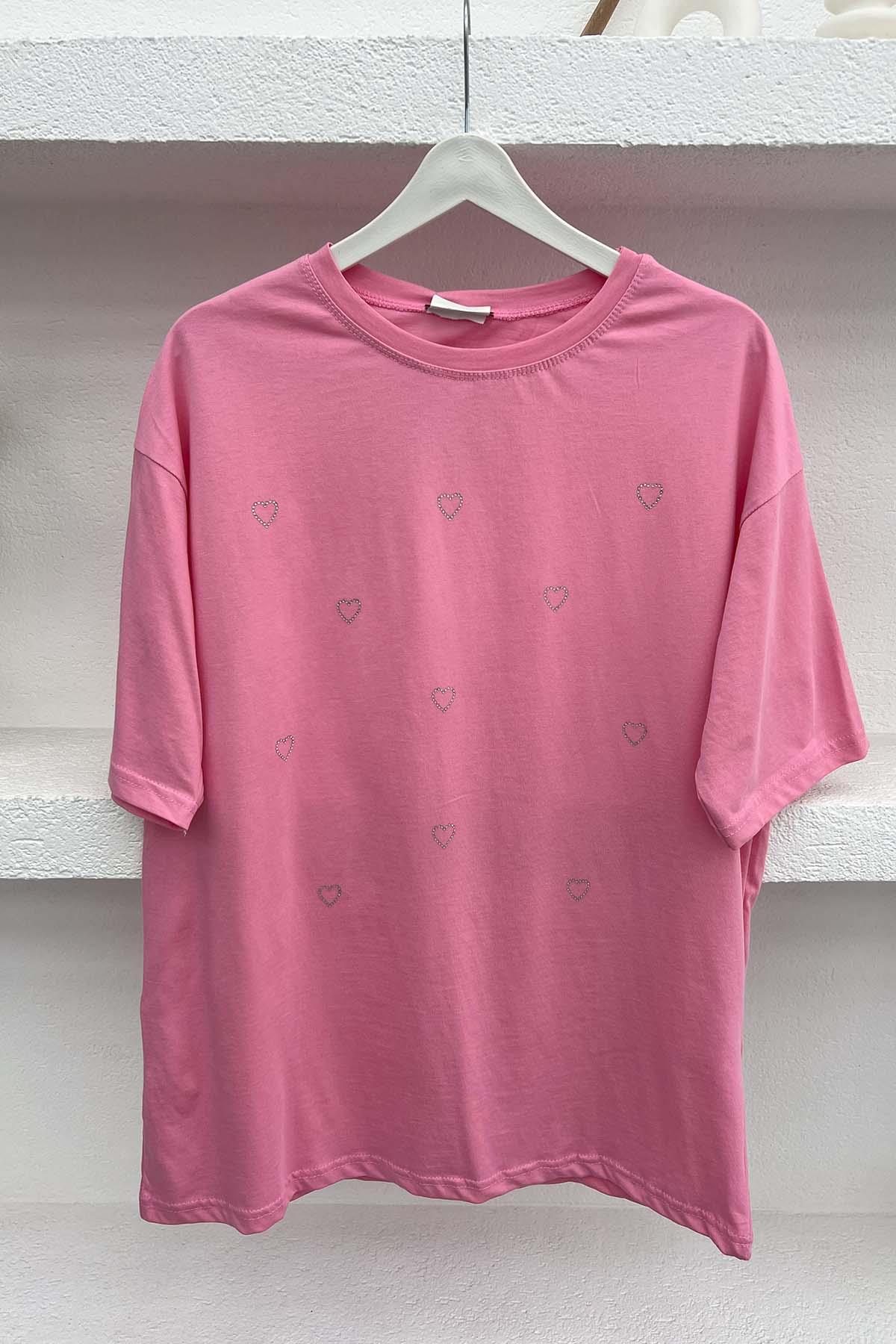 Kalp Taşlı T-Shirt Pembe