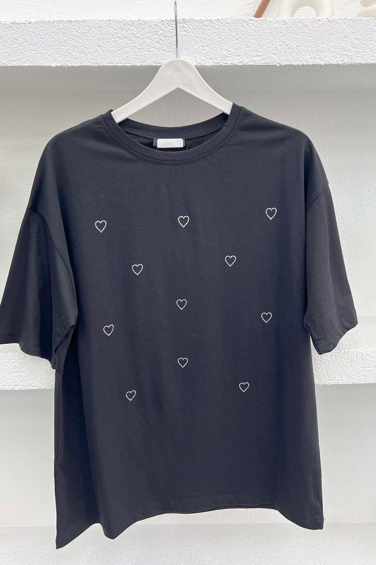 Kalp Taşlı T-Shirt Siyah
