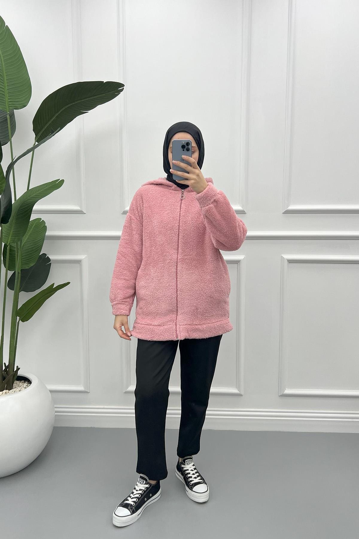 Kapüşonlu Peluş Hırka Pembe
