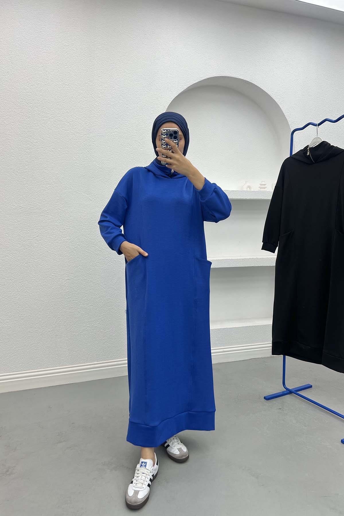 Kapüşonlu Sweat Elbise Saks Mavi
