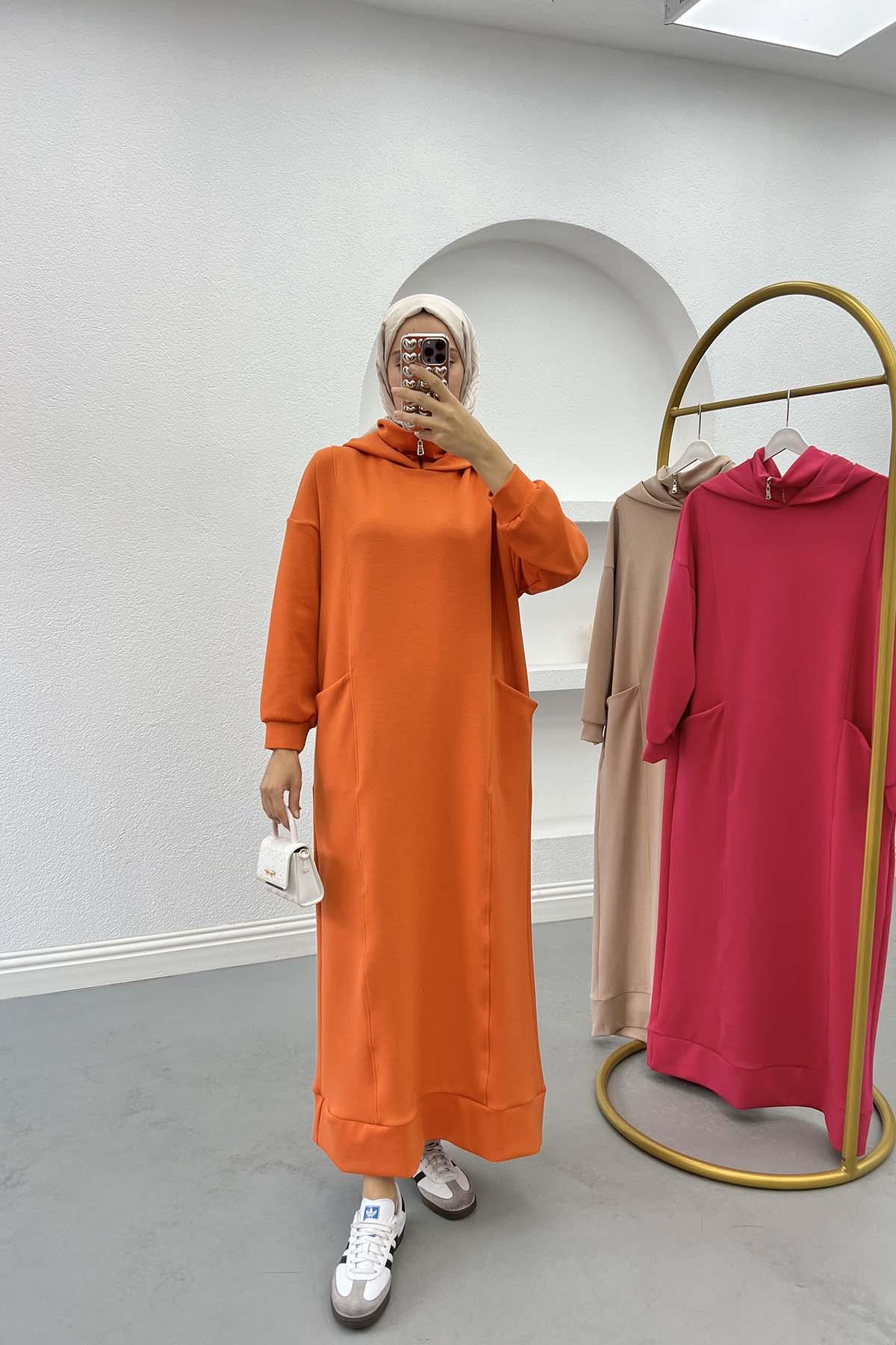 Kapüşonlu Sweat Elbise Turuncu