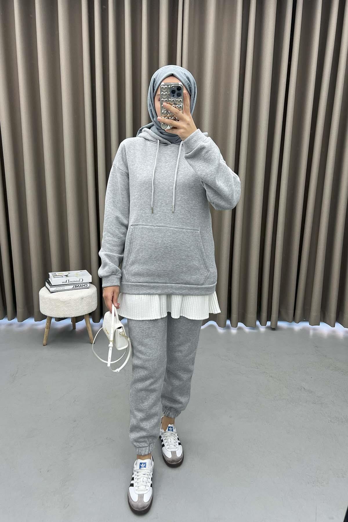 Kapüşonlu Sweatshirt Takım Gri