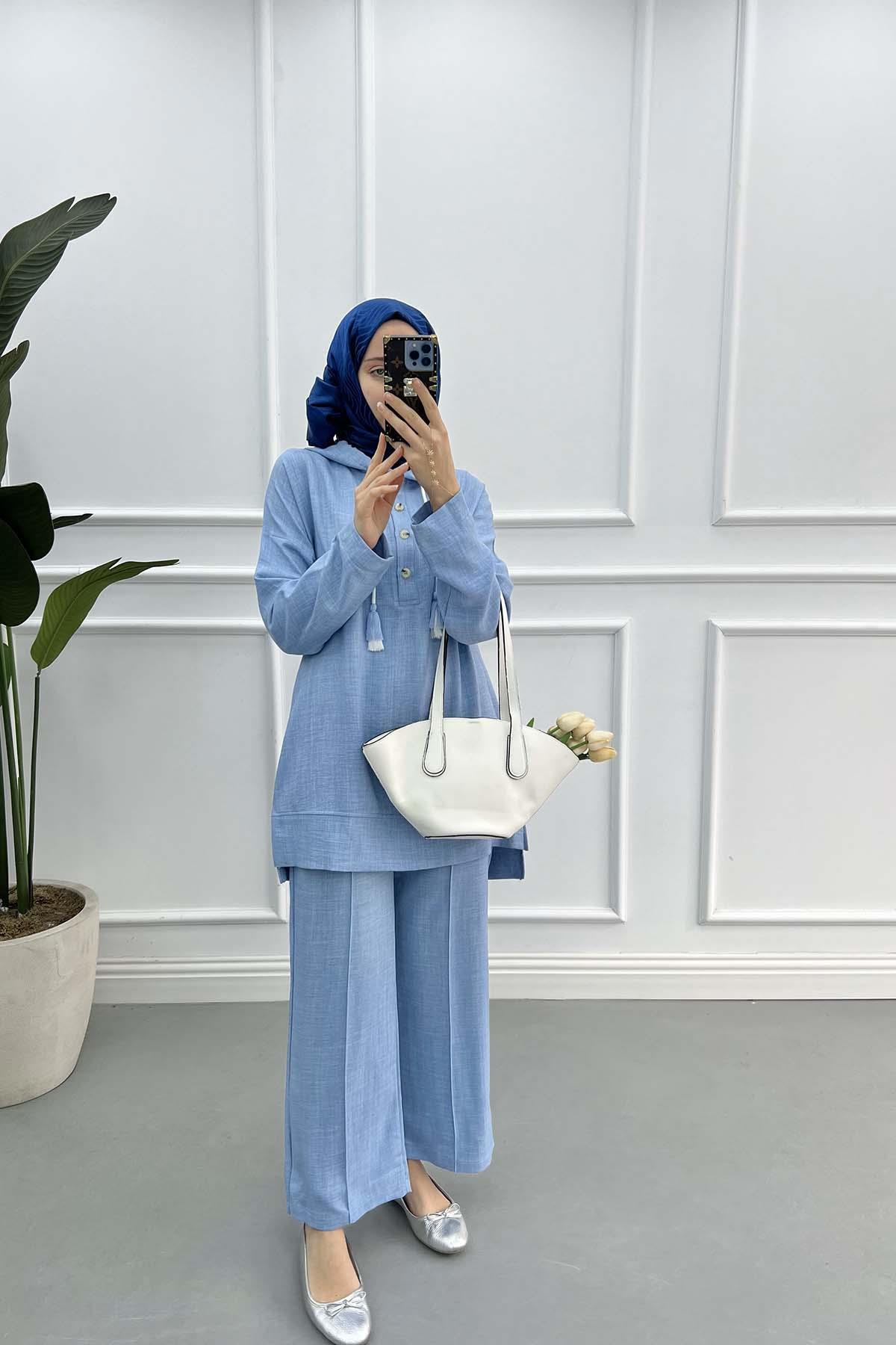Kapüşonlu Tunik Takım Açık Mavi