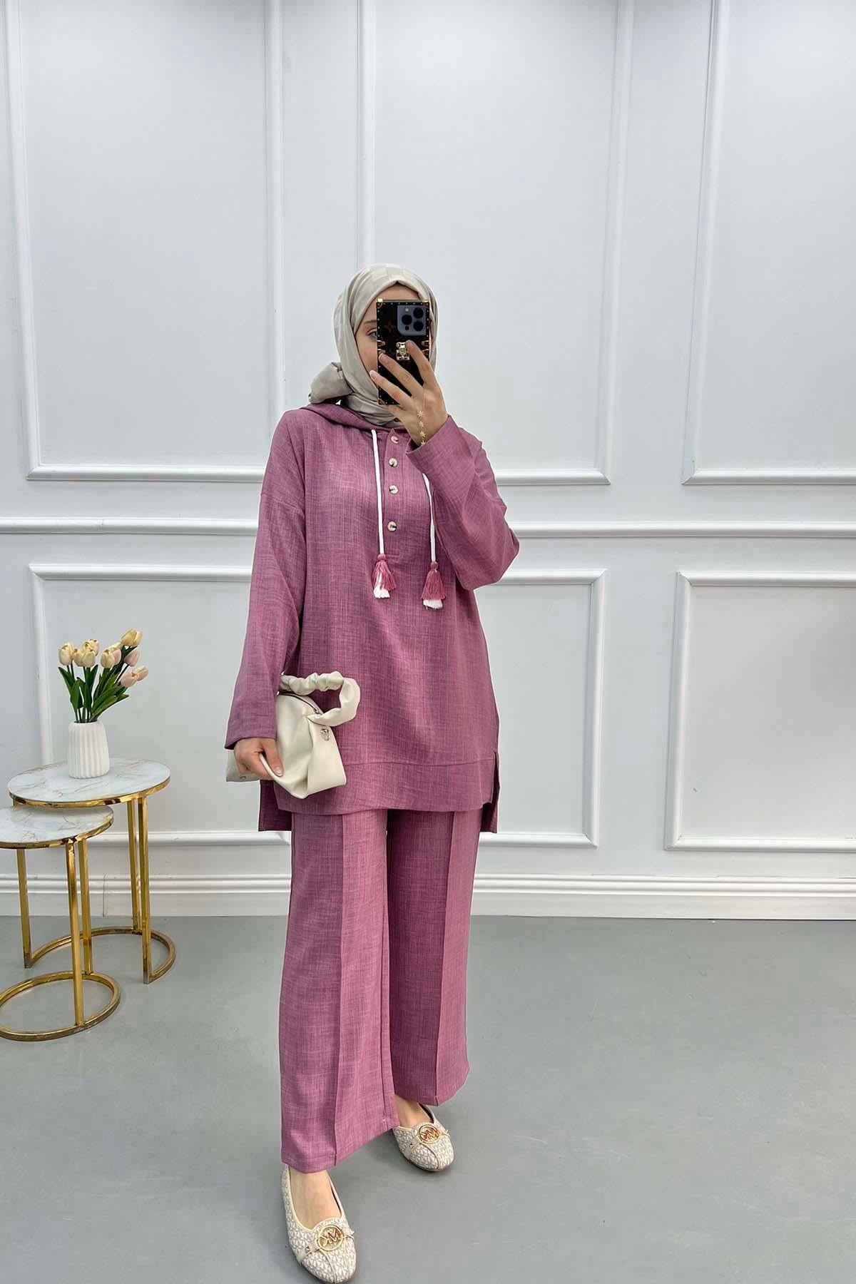 Kapüşonlu Tunik Takım Gül Kurusu