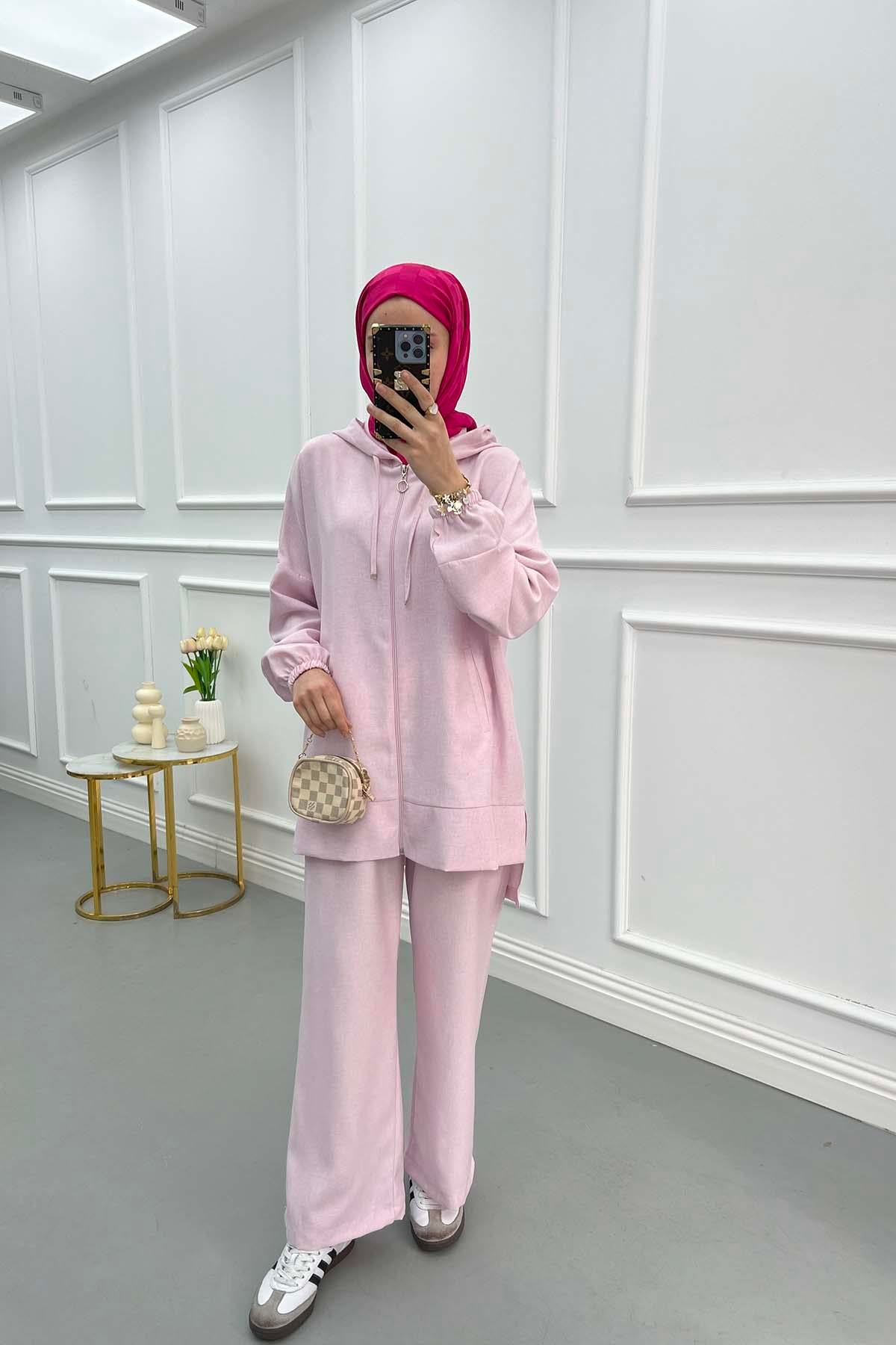 Kapüşonlu Tunik Takım Pembe