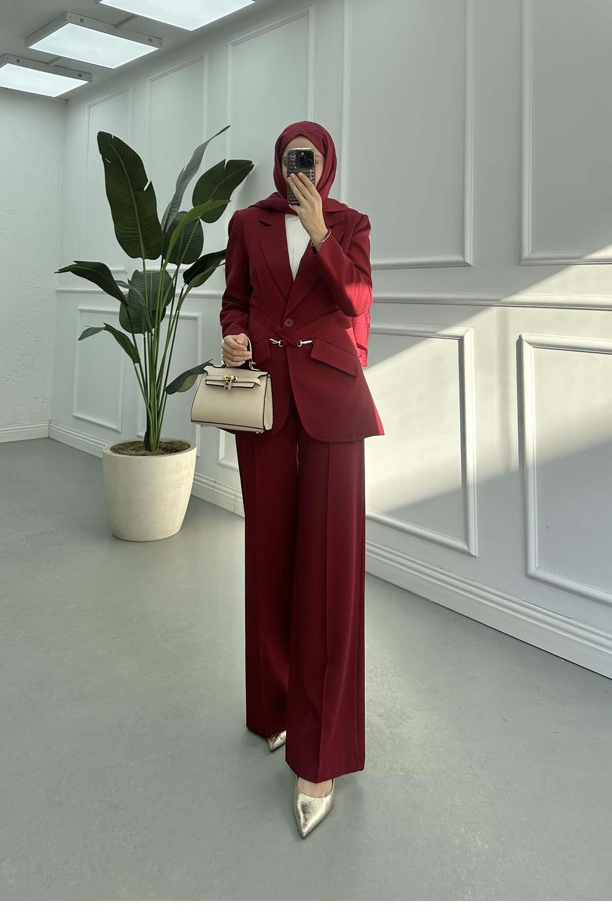 Kemerli Blazer Takım Bordo