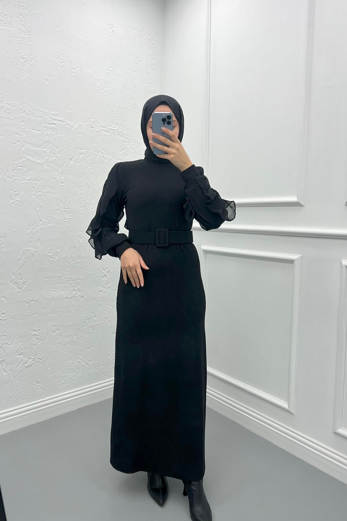 Kemerli Kol Fırfırlı Elbise Siyah