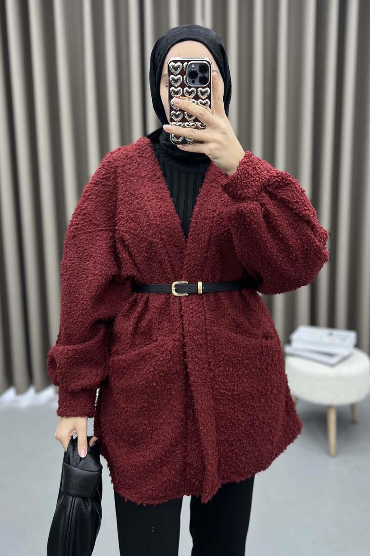 Kemerli Peluş Ceket Bordo