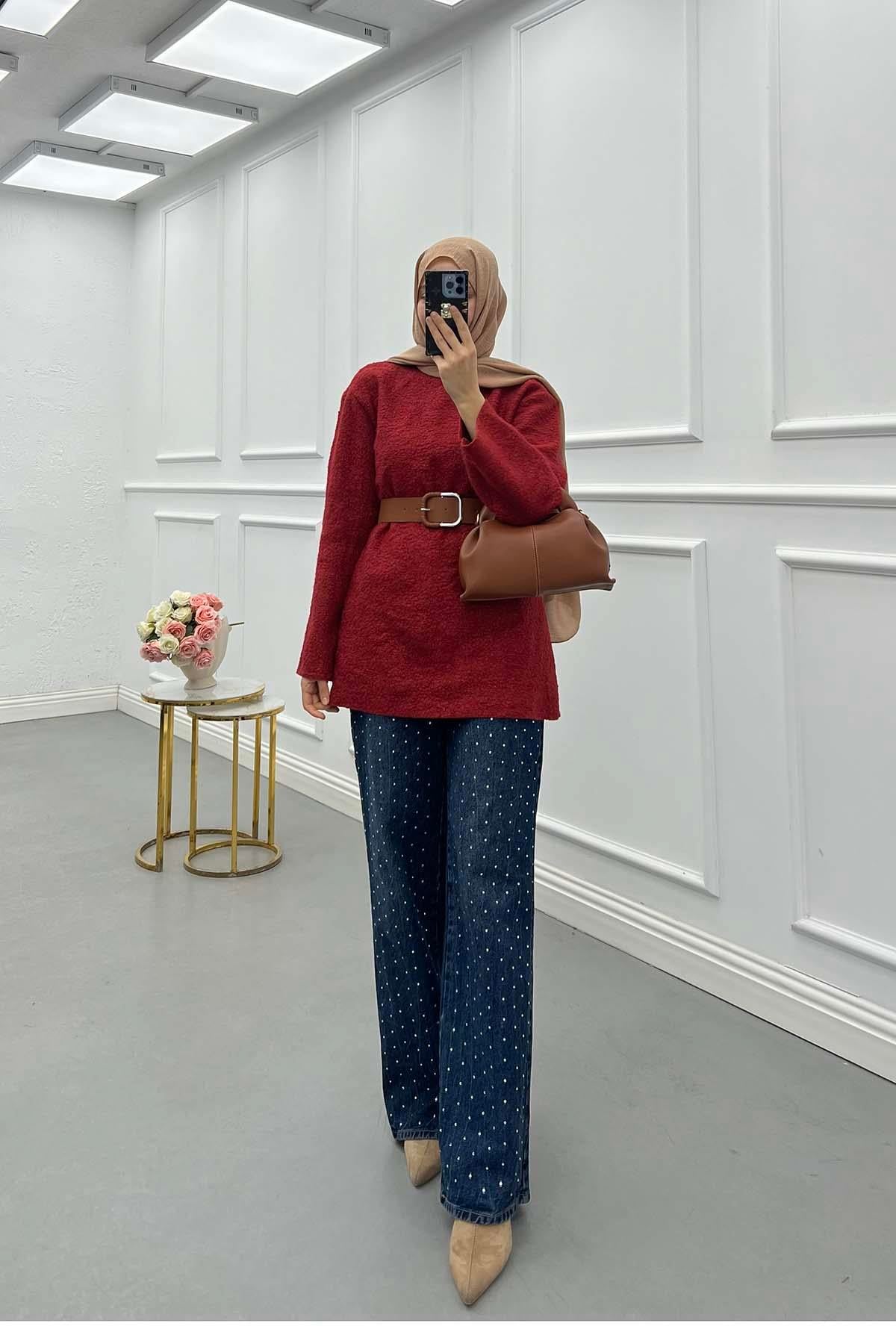 Kemerli Peluş Tunik Bordo