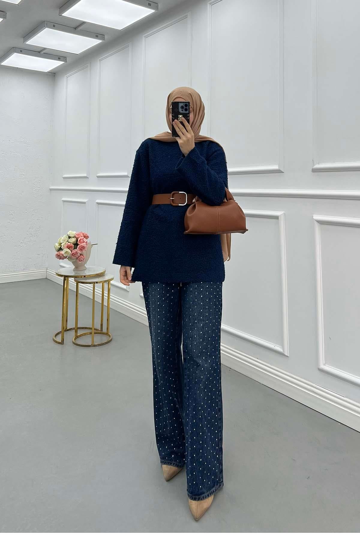 Kemerli Peluş Tunik Lacivert