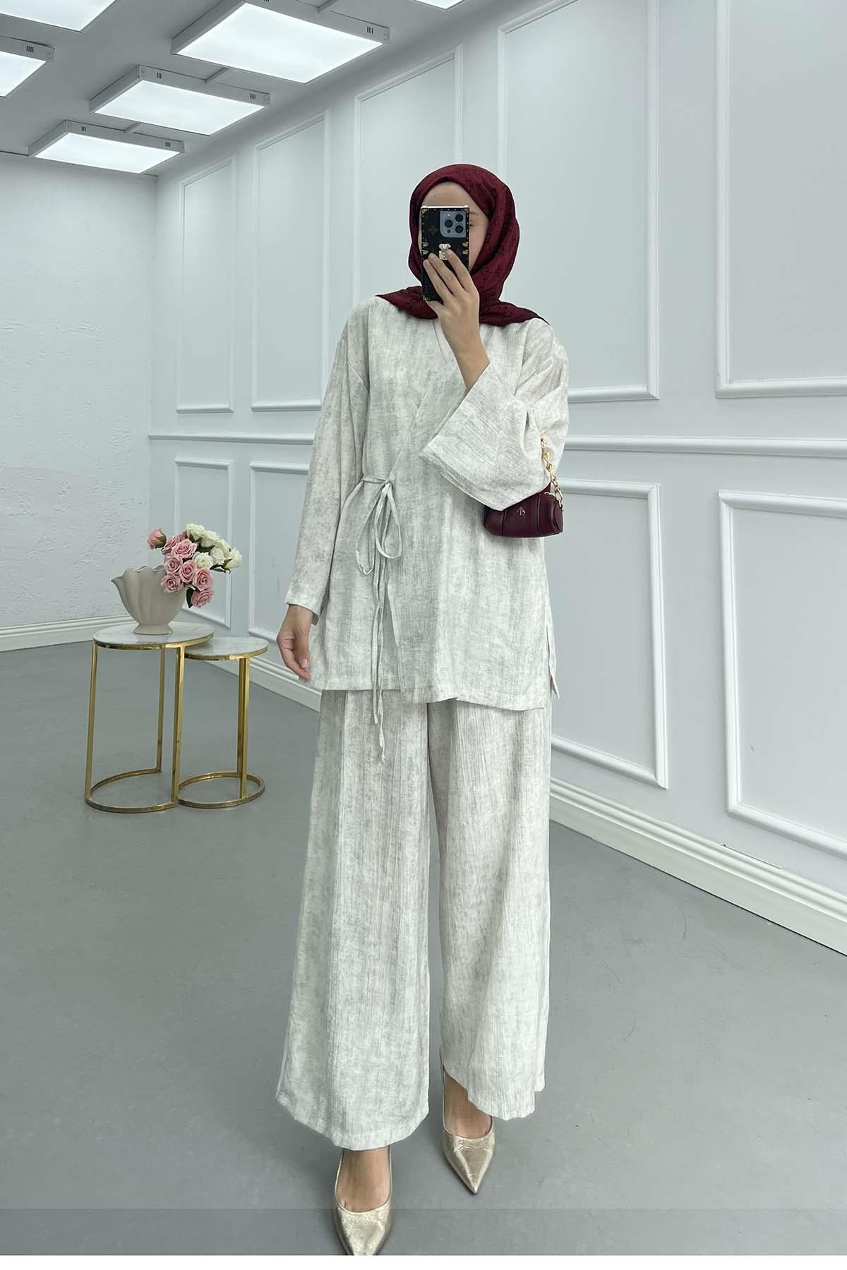 Kendinden Desenli Bağlamalı kimono Takım Taş