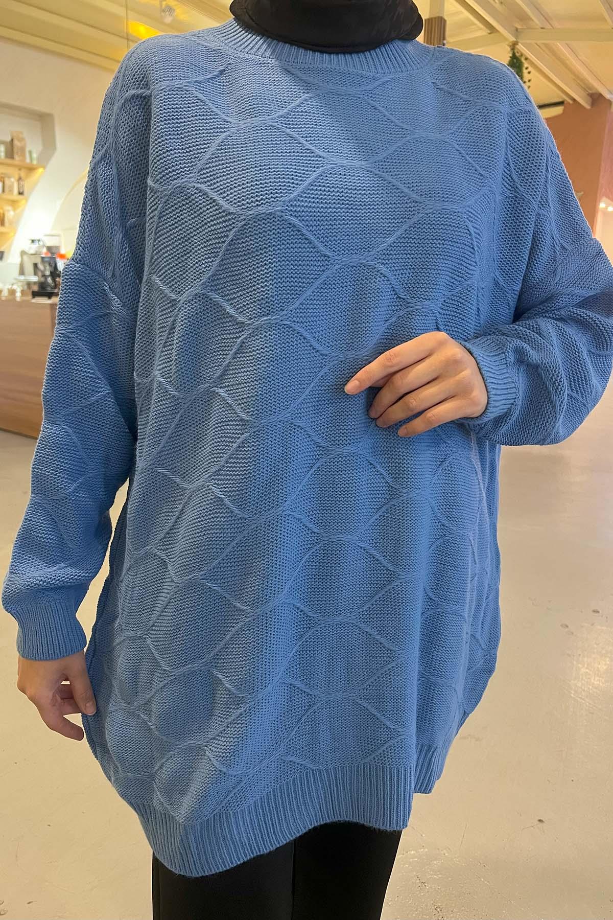 Kendinden Desenli Triko Kazak Mavi