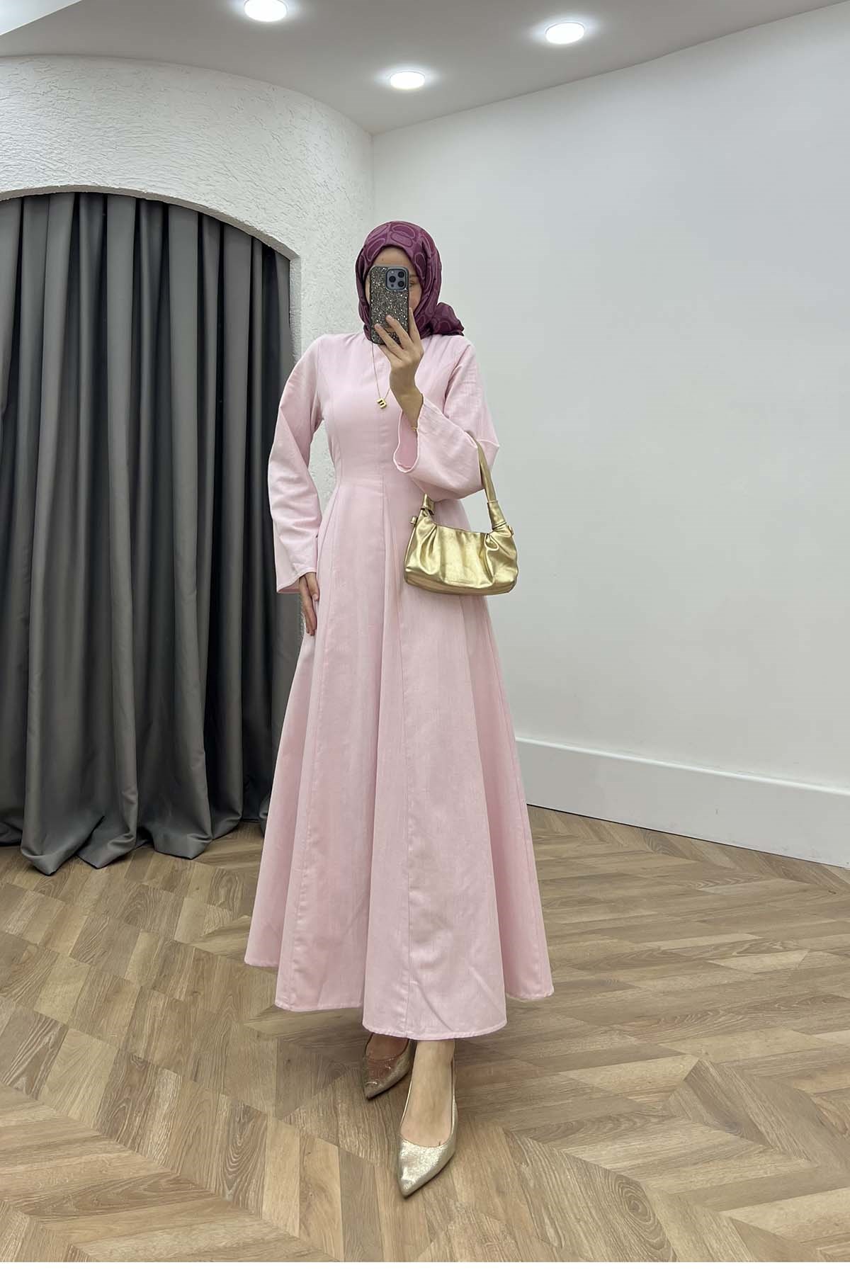 Kendinden Kuşaklı Modern Keten Elbise Pembe