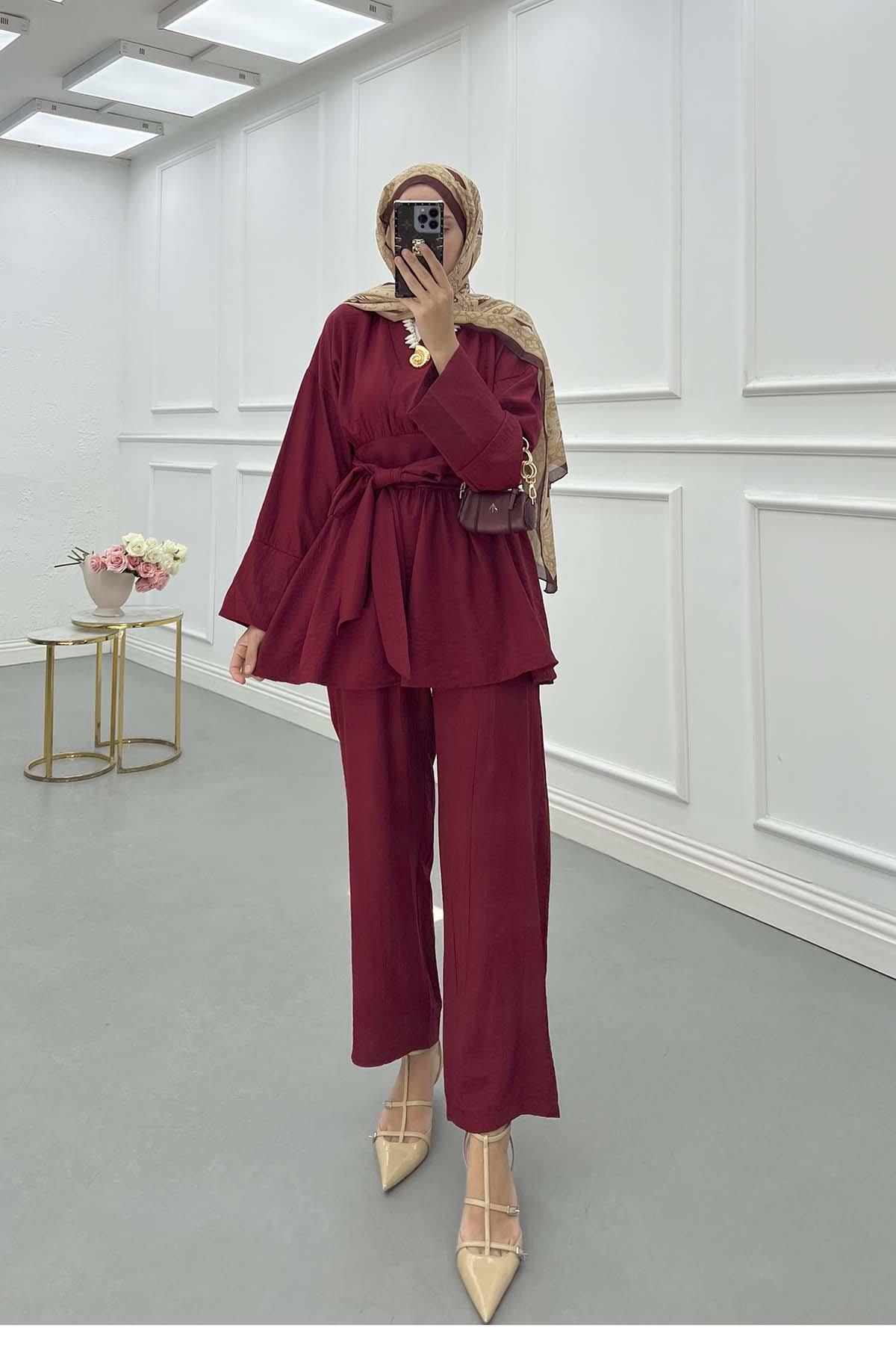 Kendinden Kuşaklı Pantolon Takım Bordo