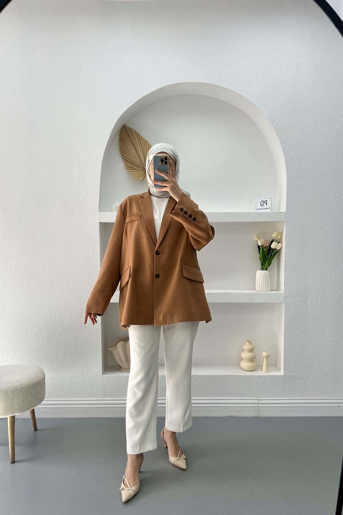 Keten Blazer Ceket Kahve