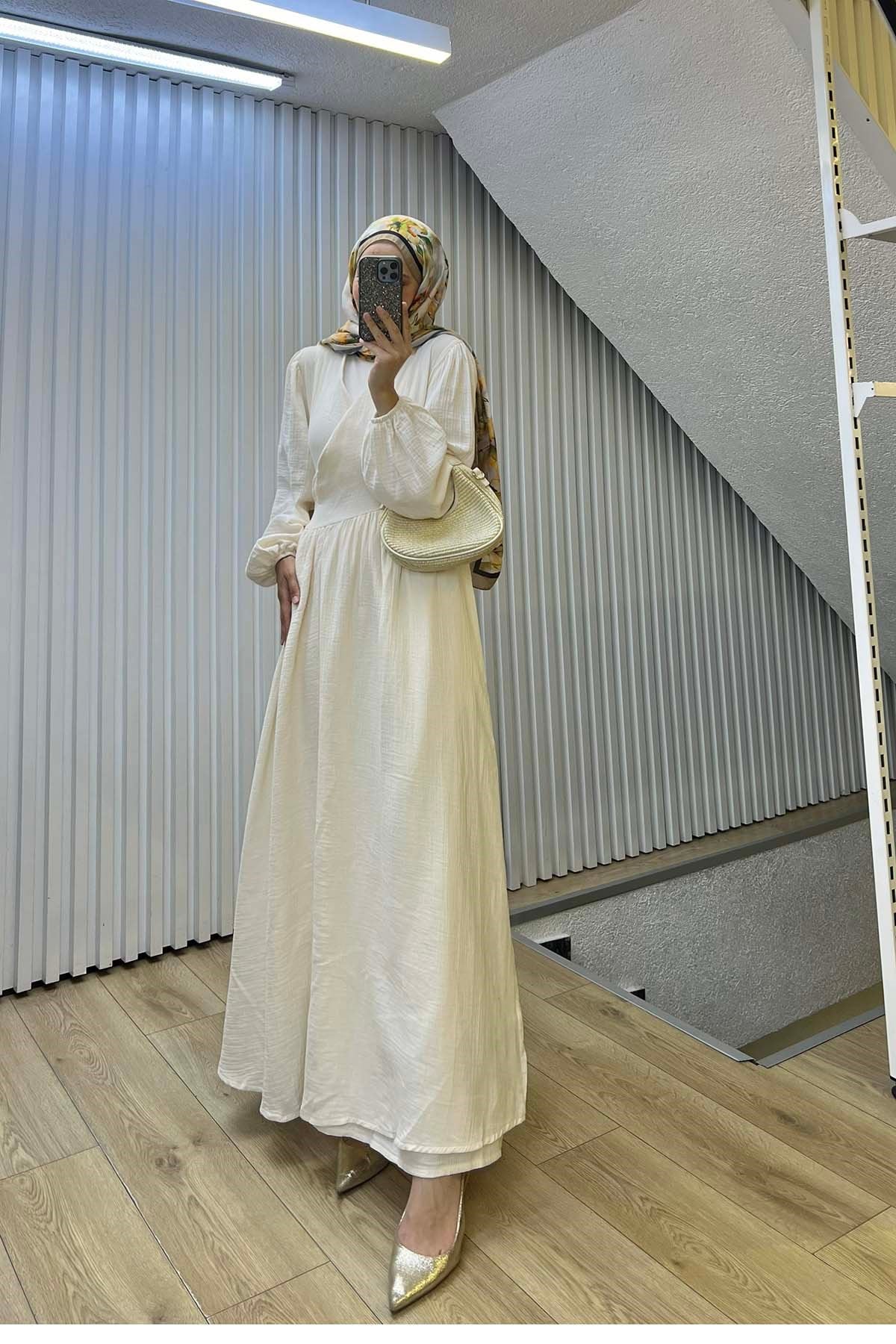 Kimono Kapama Müslin Elbise Ekru