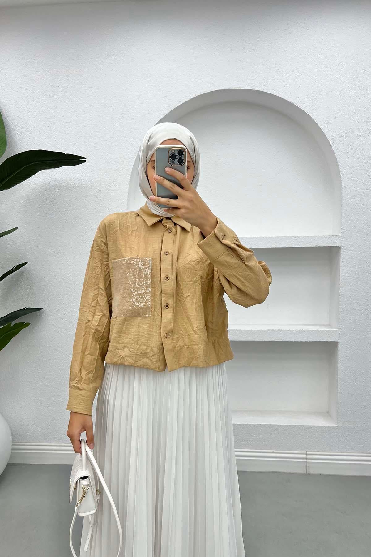Kırışık Desen Crop Gömlek Camel