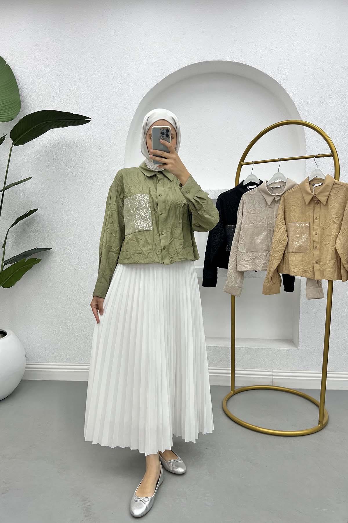Kırışık Desen Crop Gömlek Haki