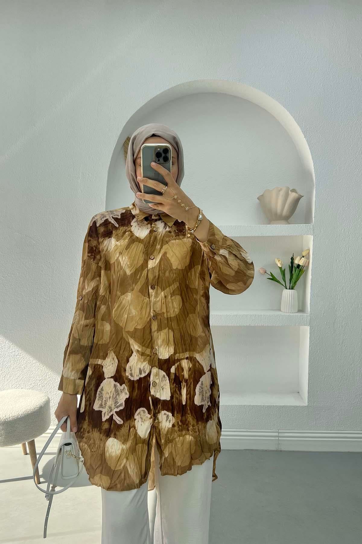 Kırışık Desenli Gömlek Camel