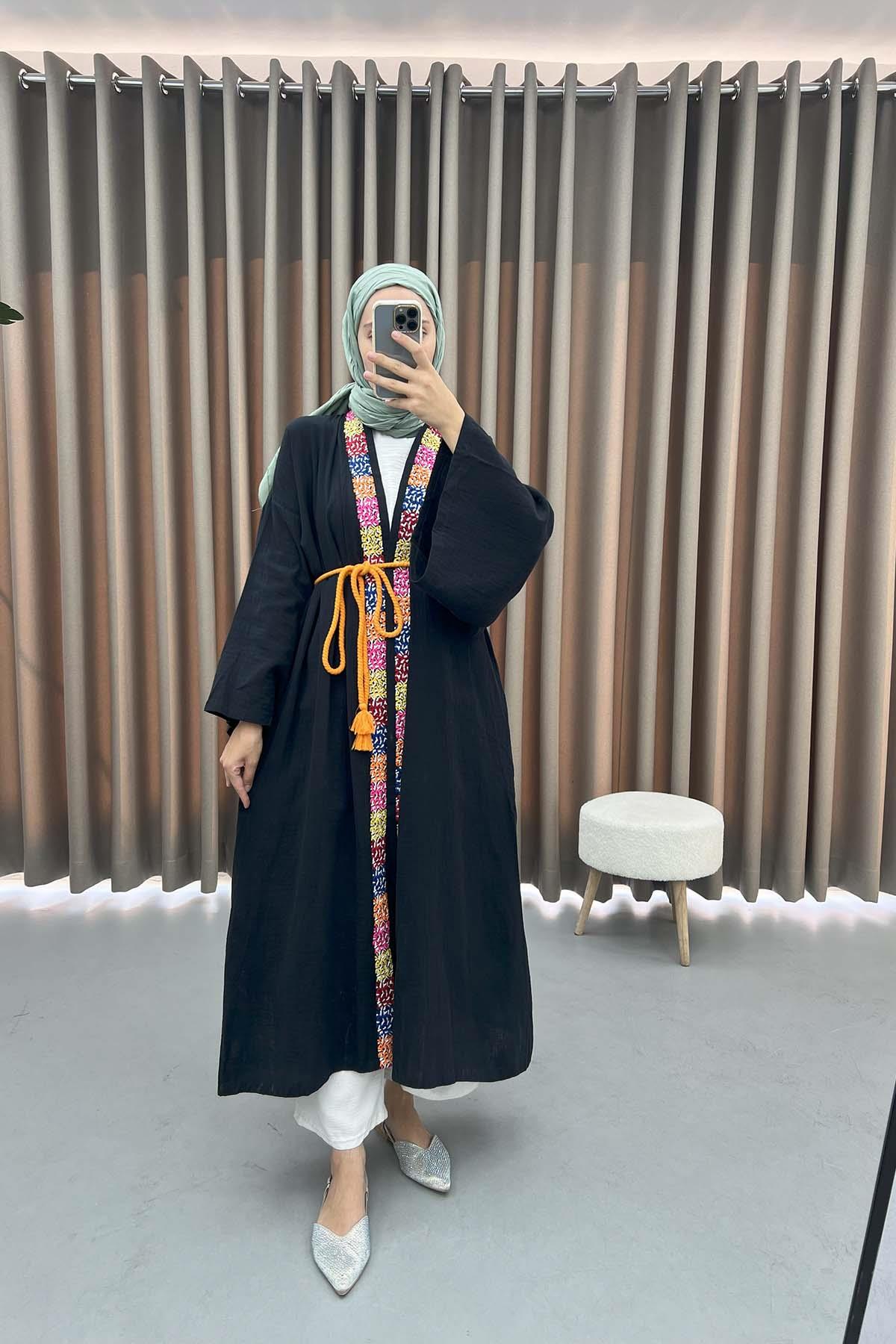 Kol Detaylı Renkli Kimono Siyah