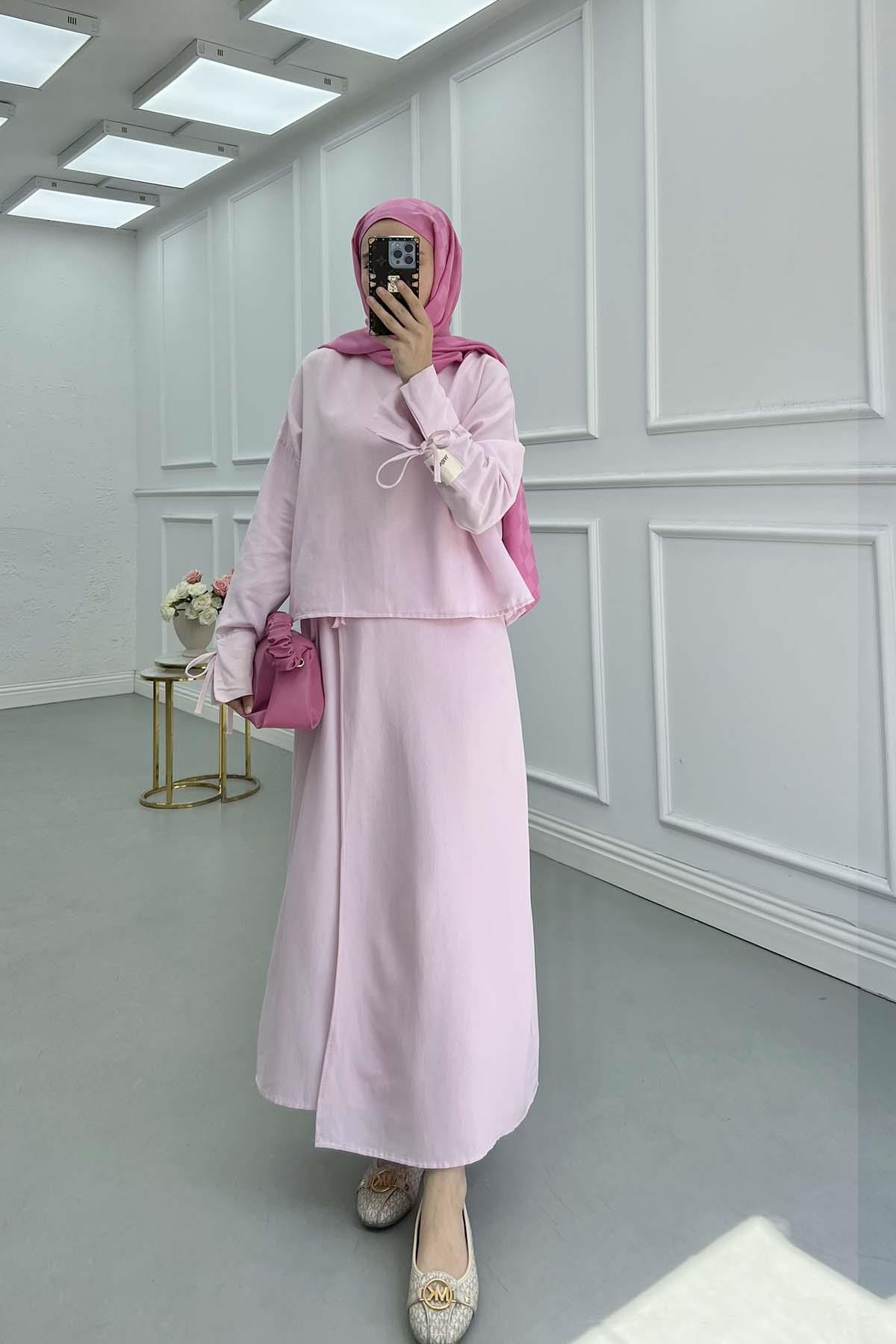 Kolu İp Detaylı Etekli Keten Takım Pembe