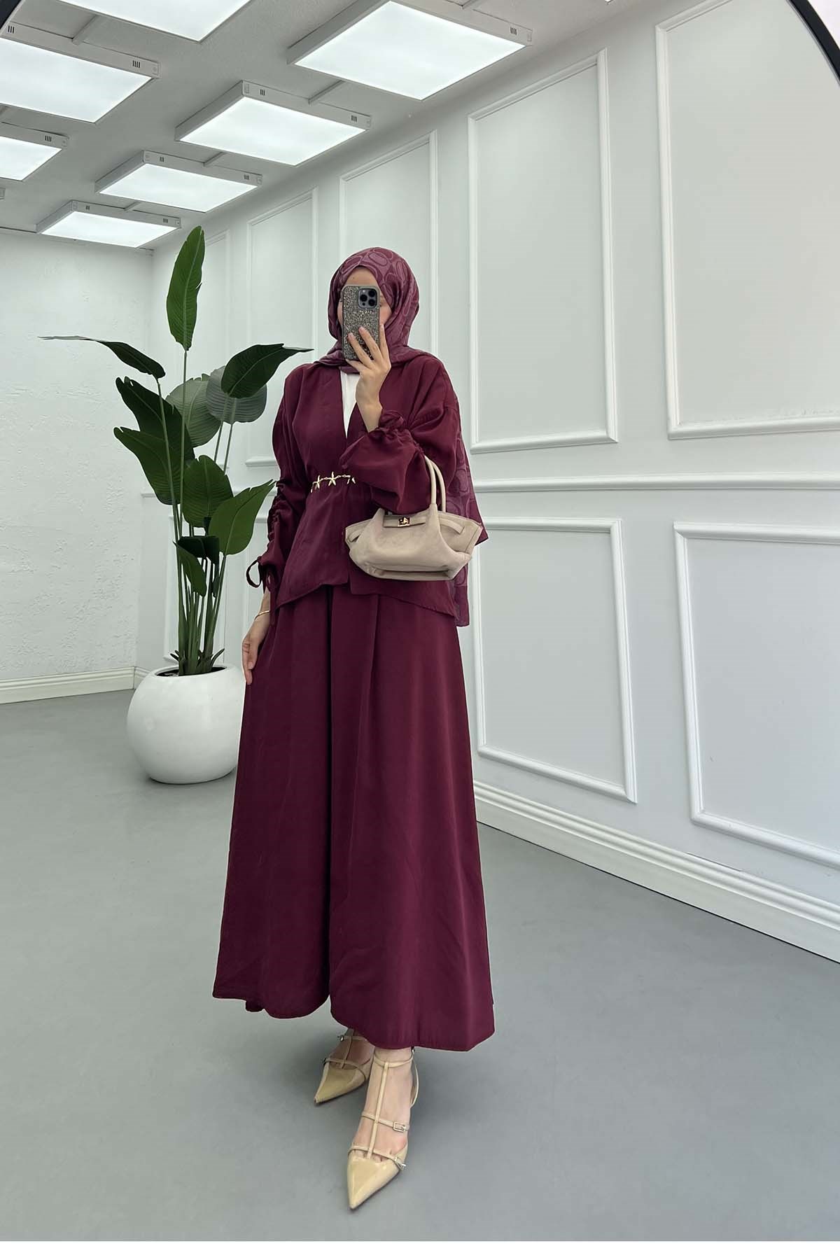 Kolu İp Detaylı Kimono Takım Bordo