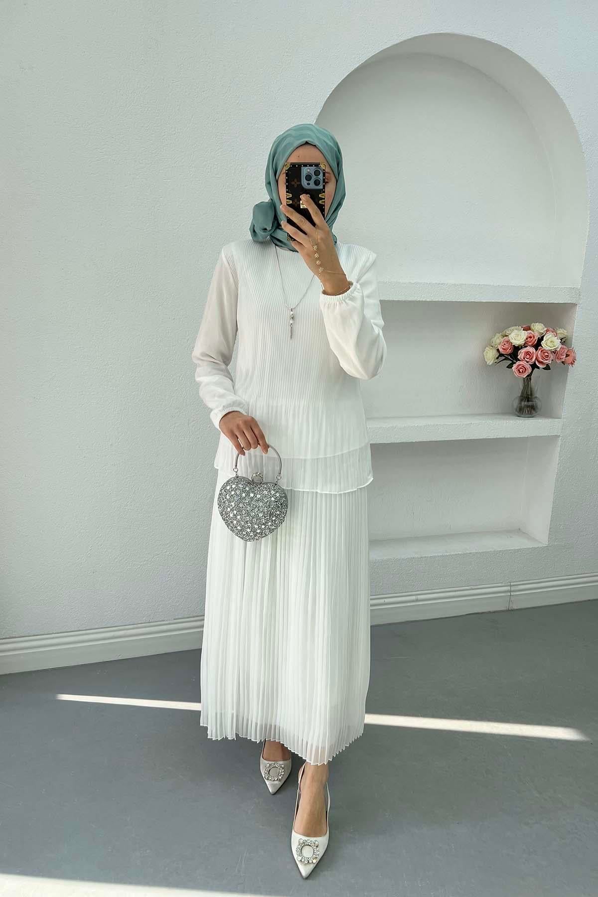 Kolyeli Piliseli Etek Takım Beyaz