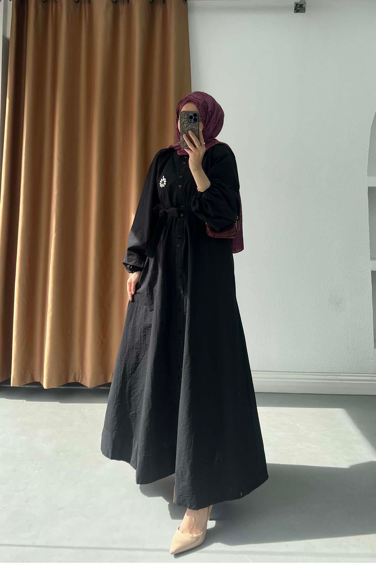 Kristal Çiçekli Boydan Düğmeli Elbise Siyah