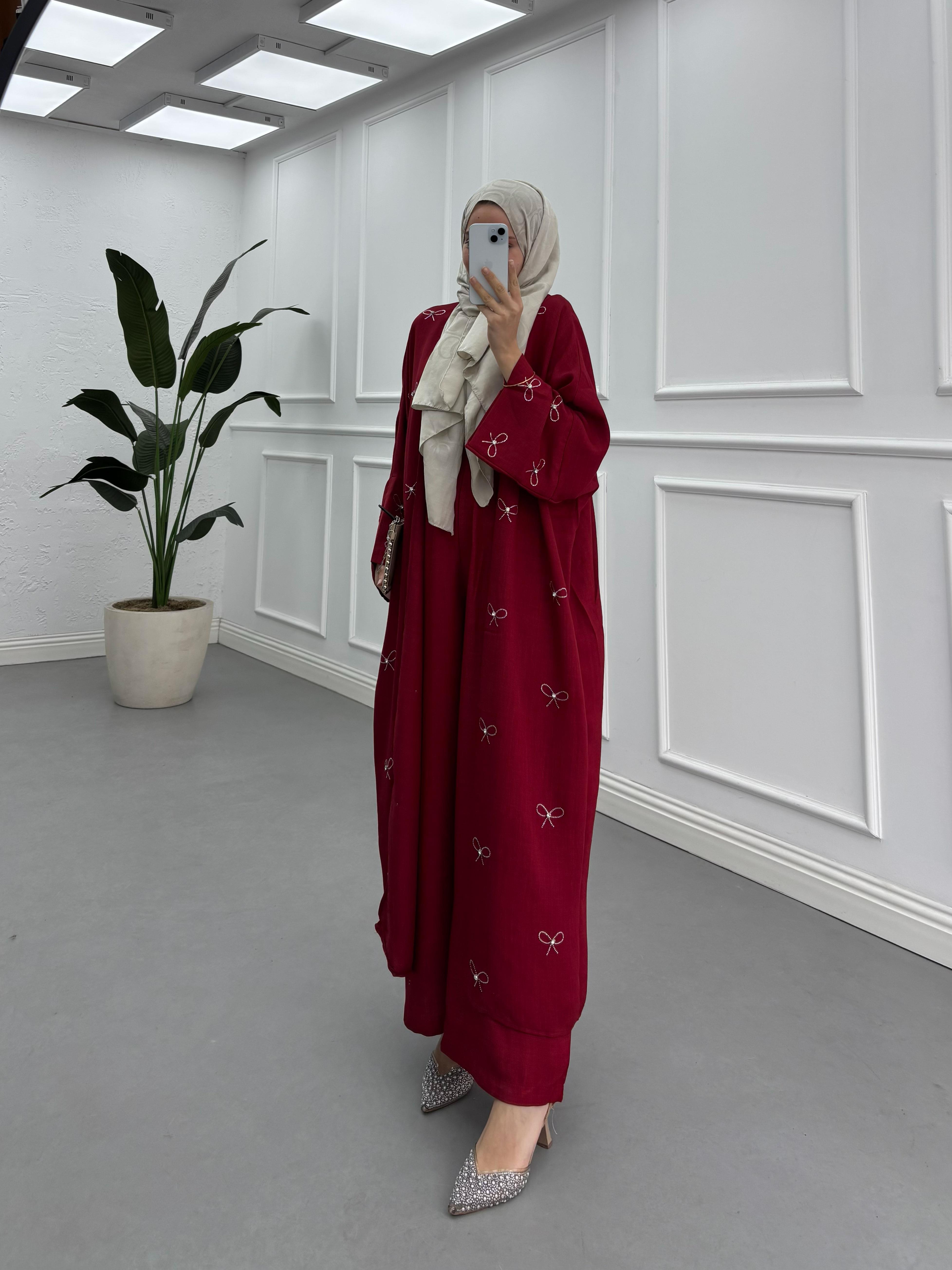 Kristal Fiyonklu Zarif Kimono Takım Kırmızı