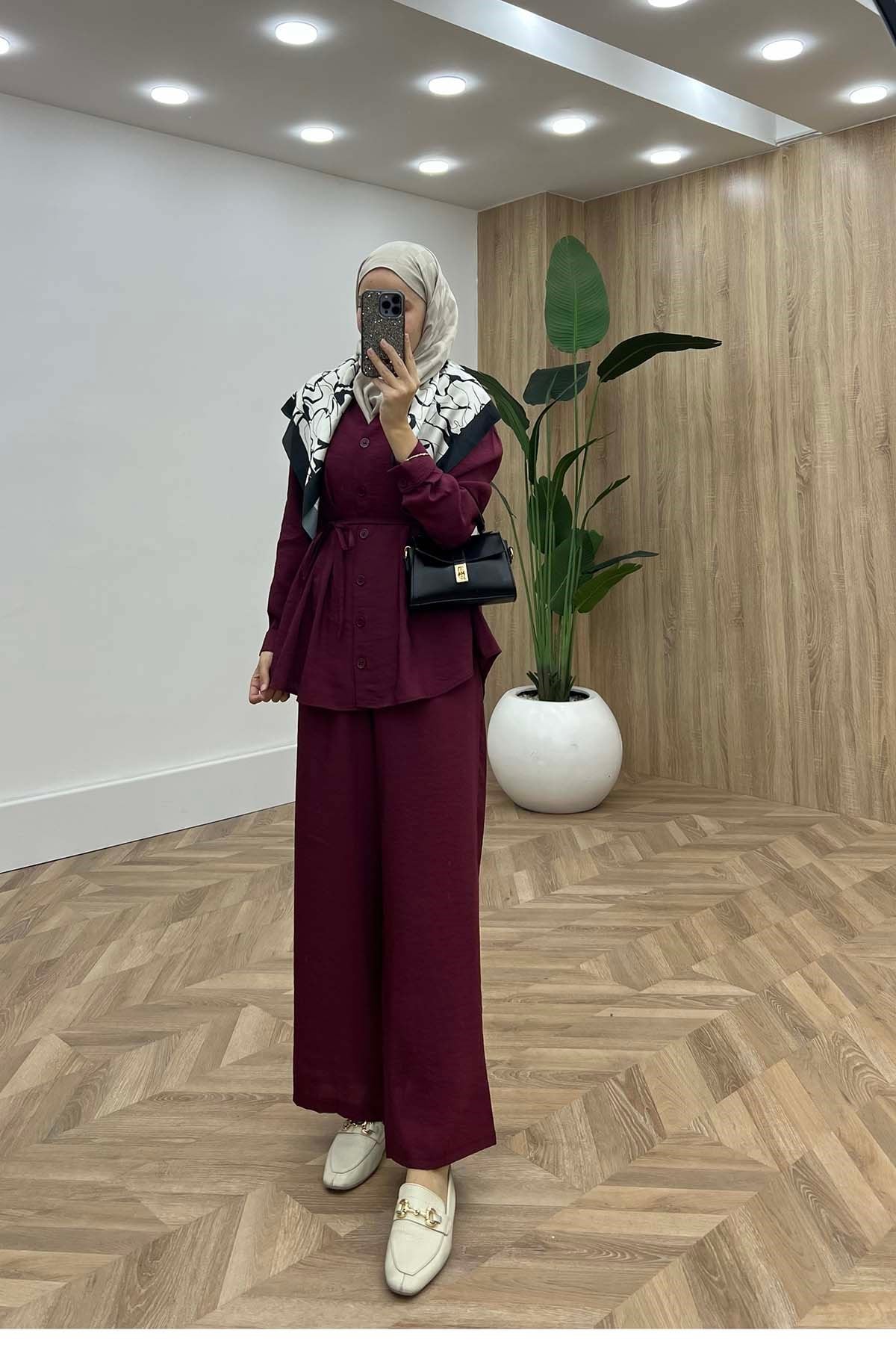 Kuğu Pens Detaylı İkili Takım Bordo