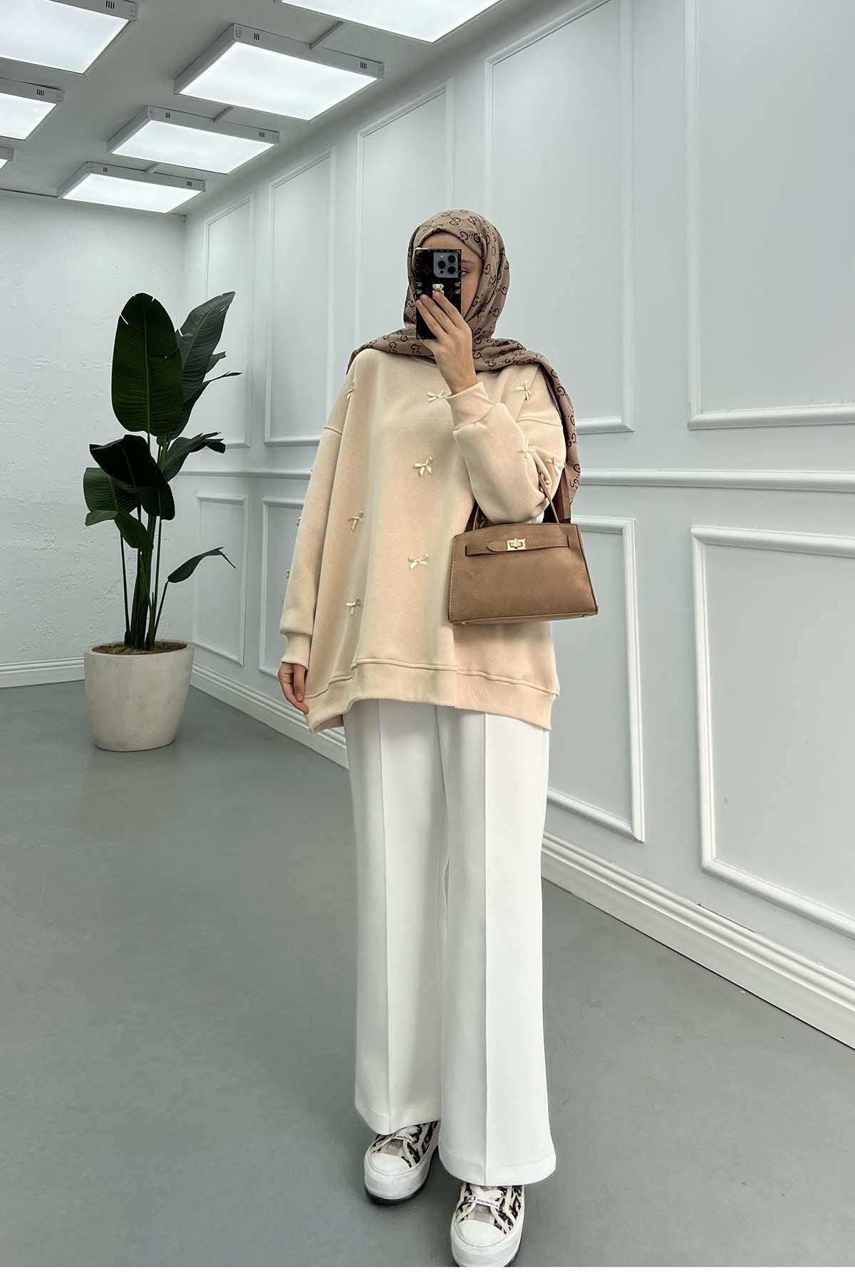 Kurdeleli Sweatshirt Bej