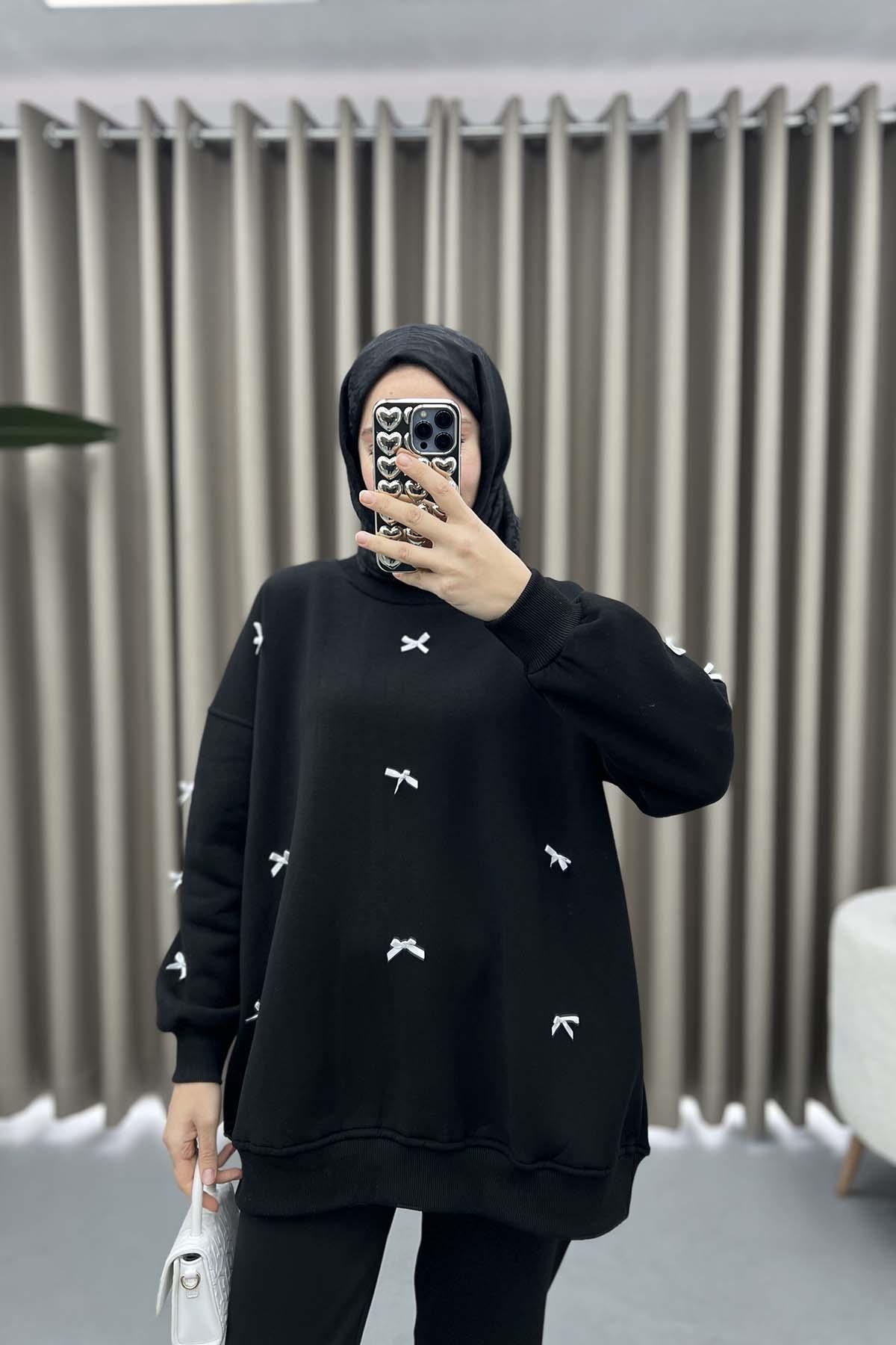 Kurdeleli Sweatshirt Siyah