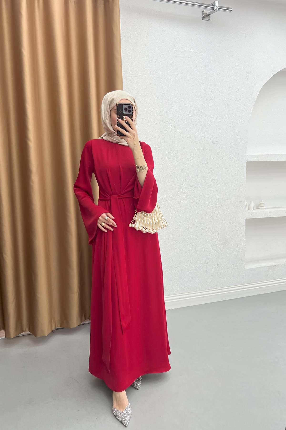 Kuşak Detaylı Elbise Bordo