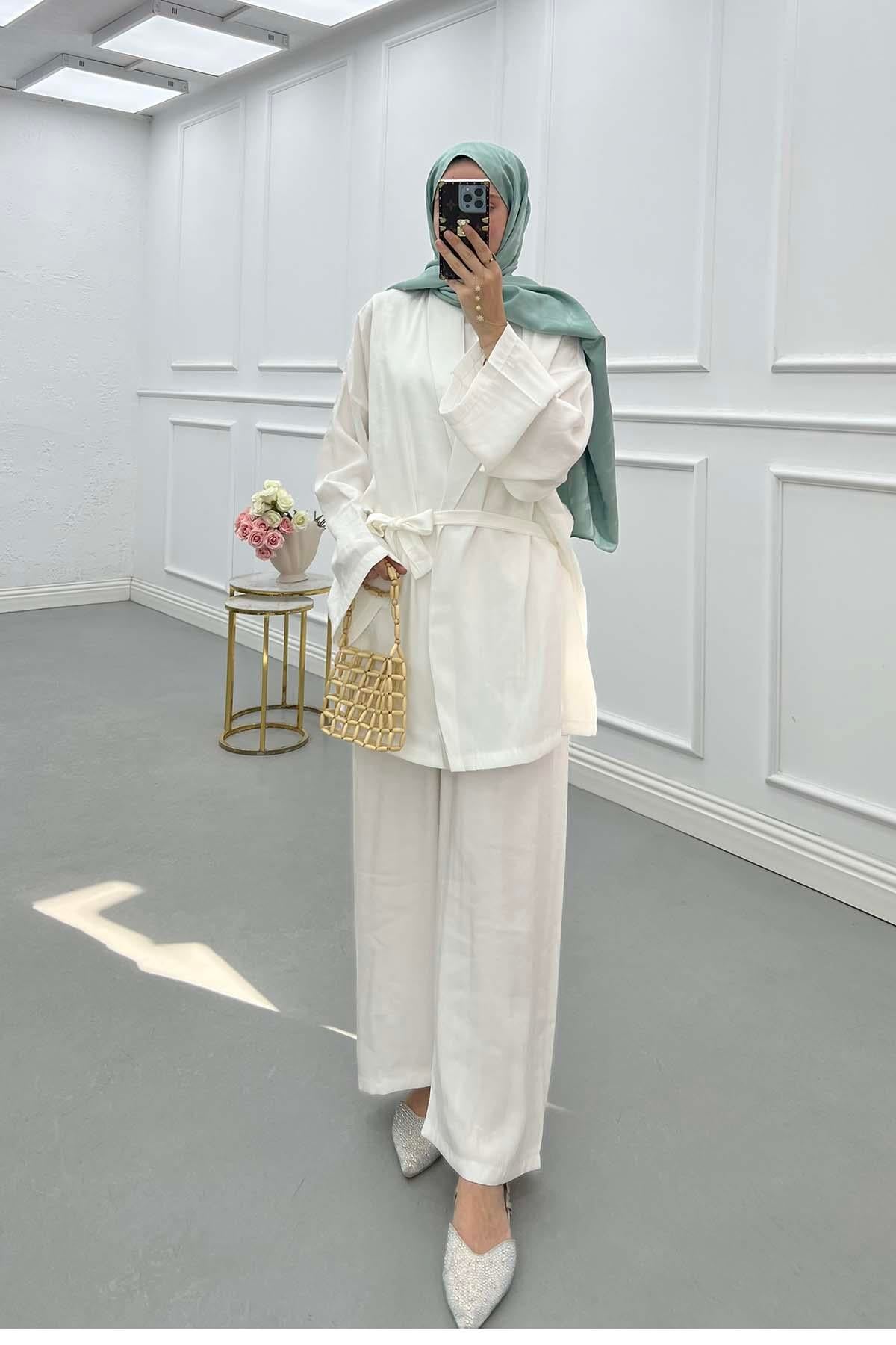 Kuşaklı Ceket Kimono Takım Beyaz